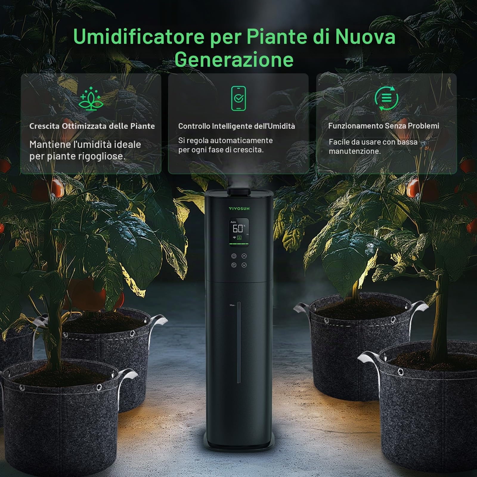 VIVOSUN Umidificatore per Piante 9L Smart Humidifier AeroStream H09 24dB Silenzioso Nebbia Fredda 360° 60h Fill Ultrasuoni per Tenda da Coltivazione