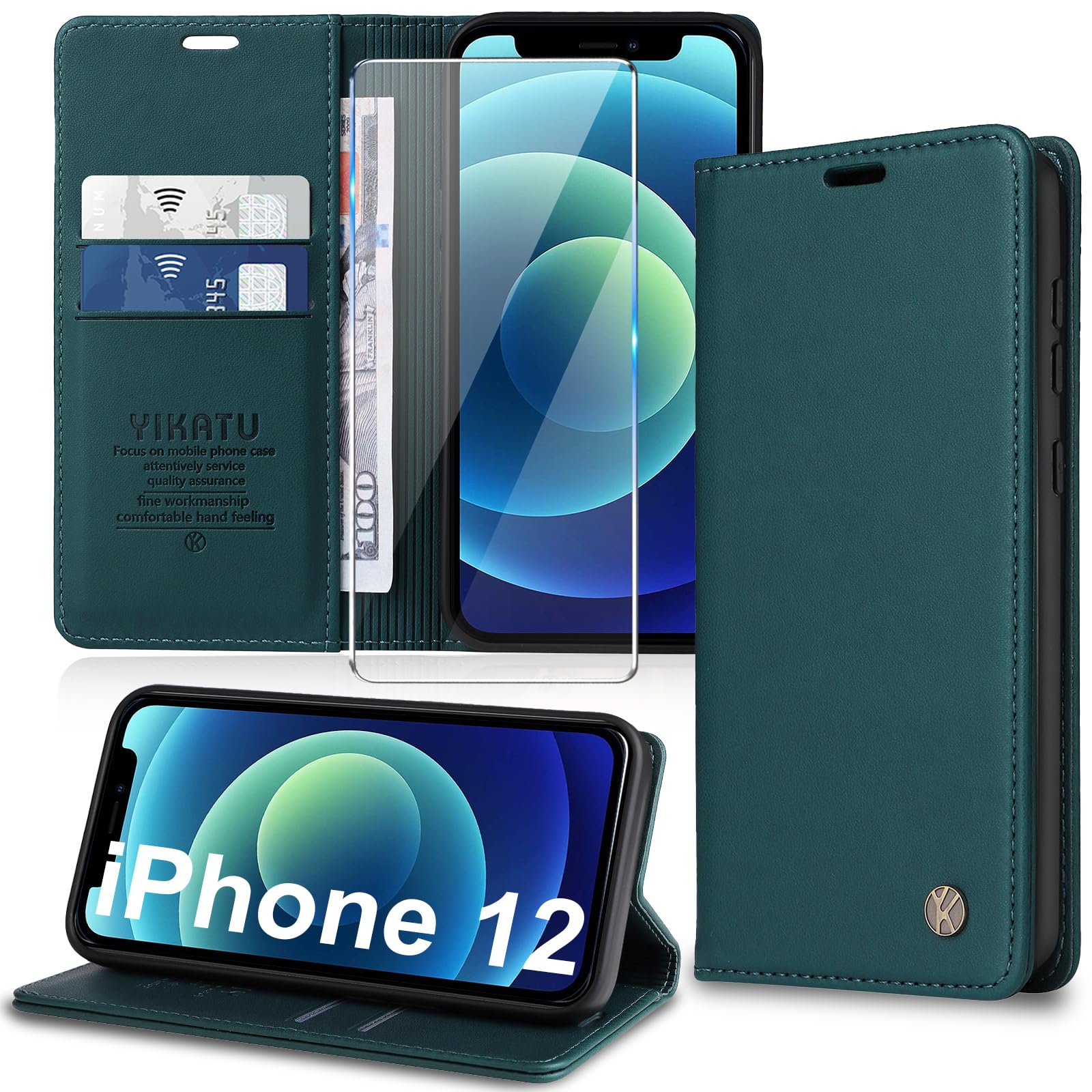 Migexxkj Handyhülle für iPhone 12/12 Pro Hülle [mit Schutzfolie][Premium PU Leder] Klapphülle Kartenfach Magnetic Ständer Flip Case Cover Etui Tasche Schutzhülle für iPhone 12/12 Pro 6.1“ (Green)