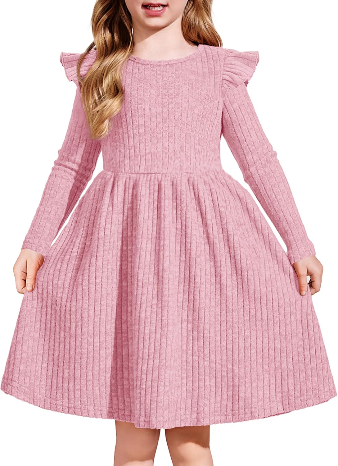 Arshiner Toddler Girl Dress Baby Girls Knitted Ruffle Sleeve Pocket Dresses A-Line Flared Fall Winter Clothes for 2-8 Years