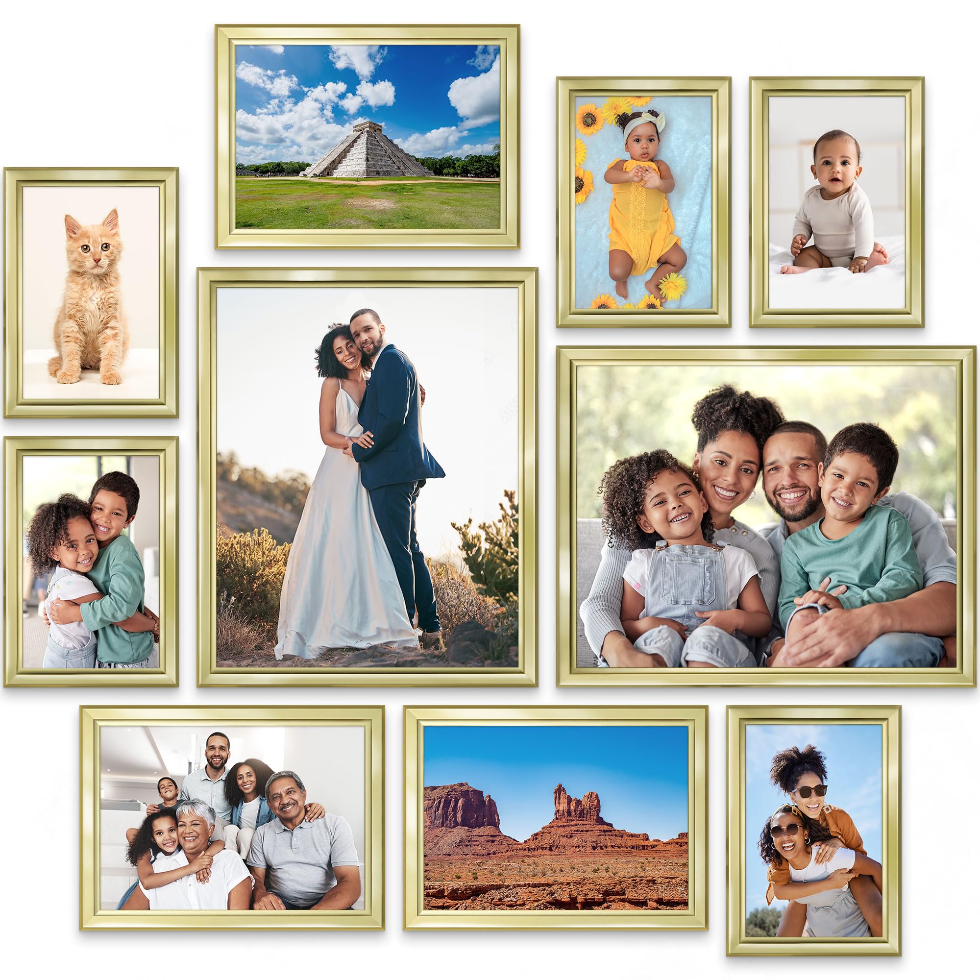 Icona Bay Combination Gold Picture Frames Set - 10 PC (Five 4x6, Three 5x7, Two 8x10), Classy Contemporary Style, Maestro Collection for Wall Gallery
