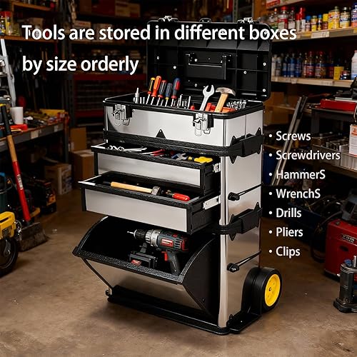 Miniatura 4 de Zateety Caja de herramientas rodante  3 piezas de estante deslizante extraíble  Armario de almacenamiento de herramientas de acero inoxidable con