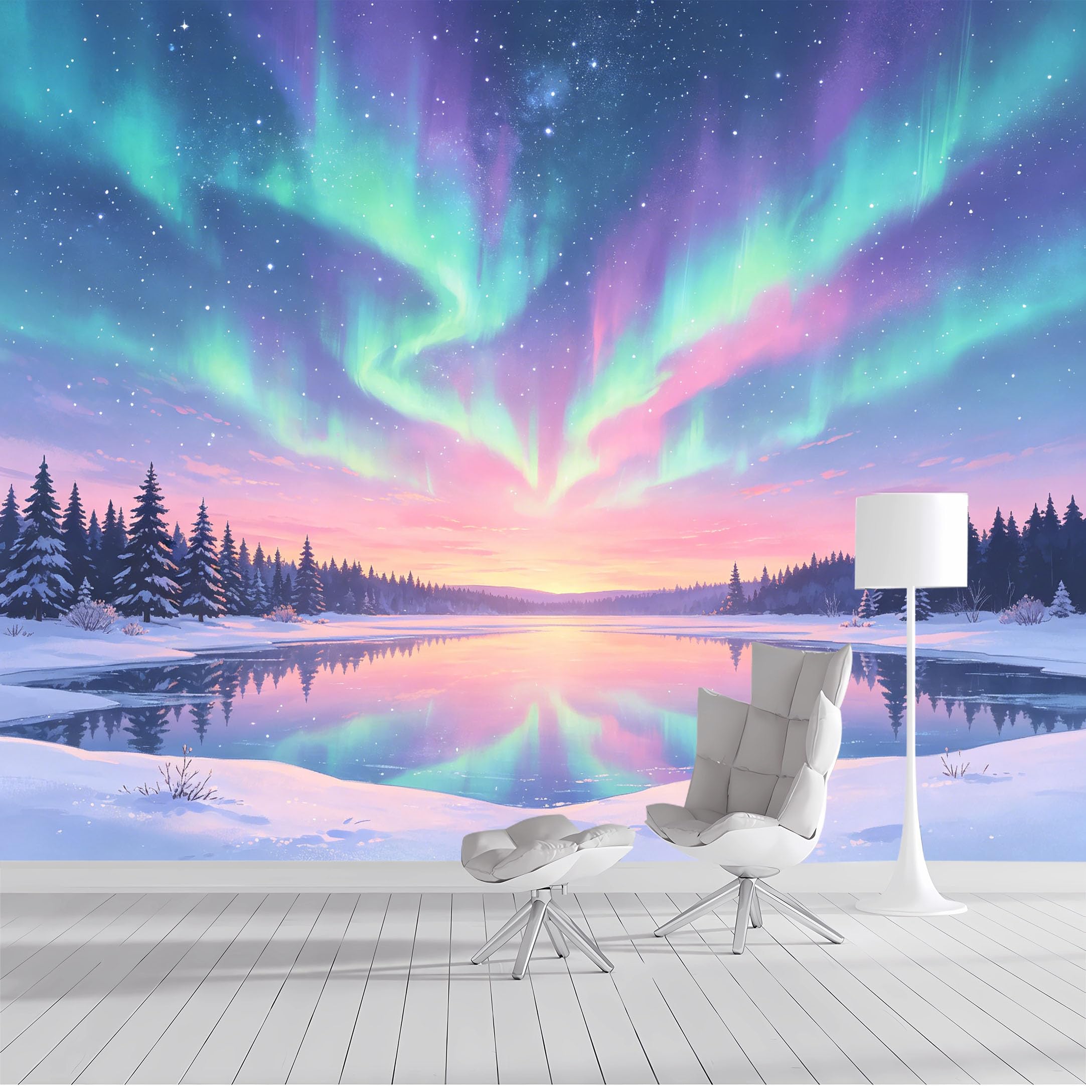 Custom Size Wall Mural Northern Lights Winter Lake Sunset Sky Landscape Oil Painting SelfAdhesive Wall Fabric Removable Peel and Stick Wallpaper Wall Decor for Living Room Bedroom Bathroom