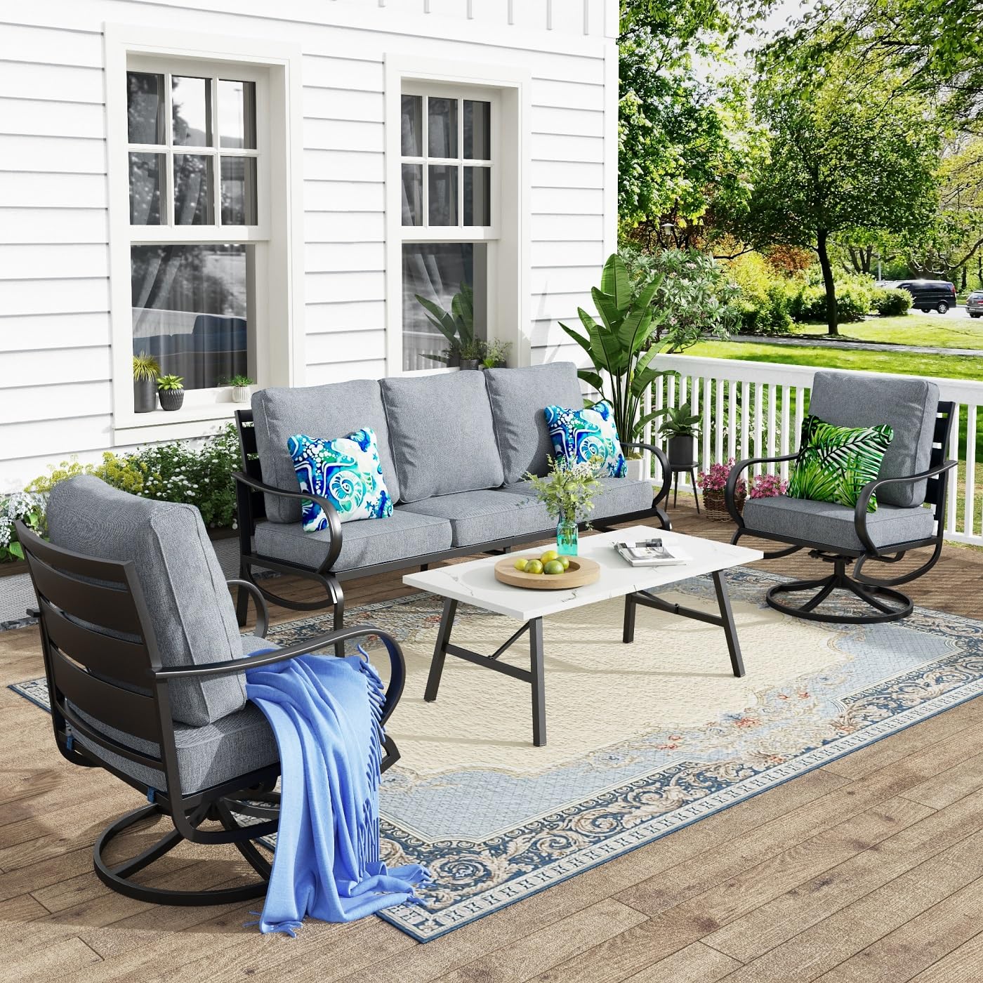 MFSTUDIO 4 Pieces Patio Conversation Sets(5 Seat),Outdoor Metal Furniture Sofas with 1 Loveseat(3 Seat), 2 Swivel Chairs,1 Coffee Table,Wrought Iron with Grey Cushion for Patio Courtyard Balcony