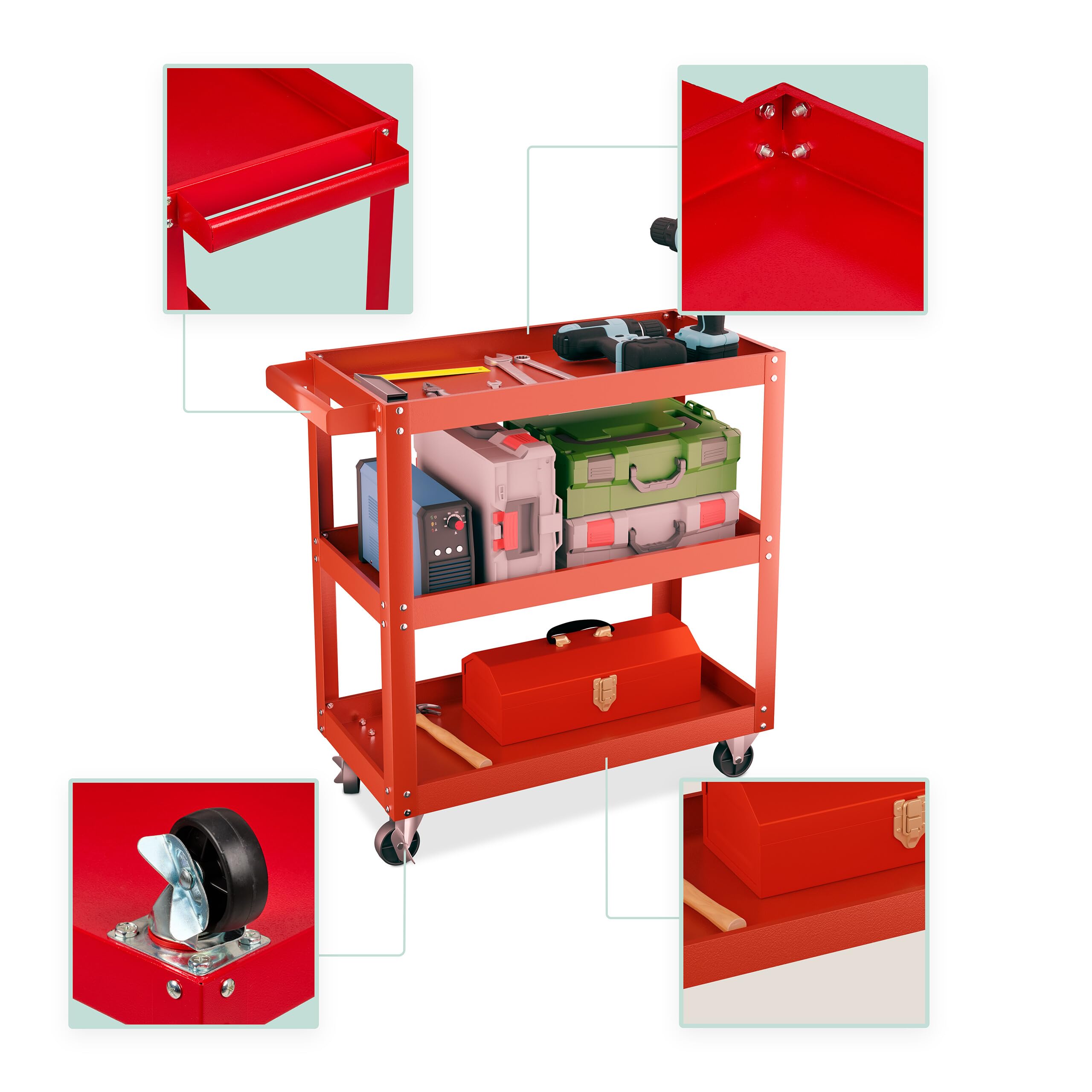 Relaxdays Carrello Portautensili Officina, Carrellino a 3 Ripiani Porta Attrezzi Lavoro, 76x78x35 cm, Max. 100 kg, Rosso