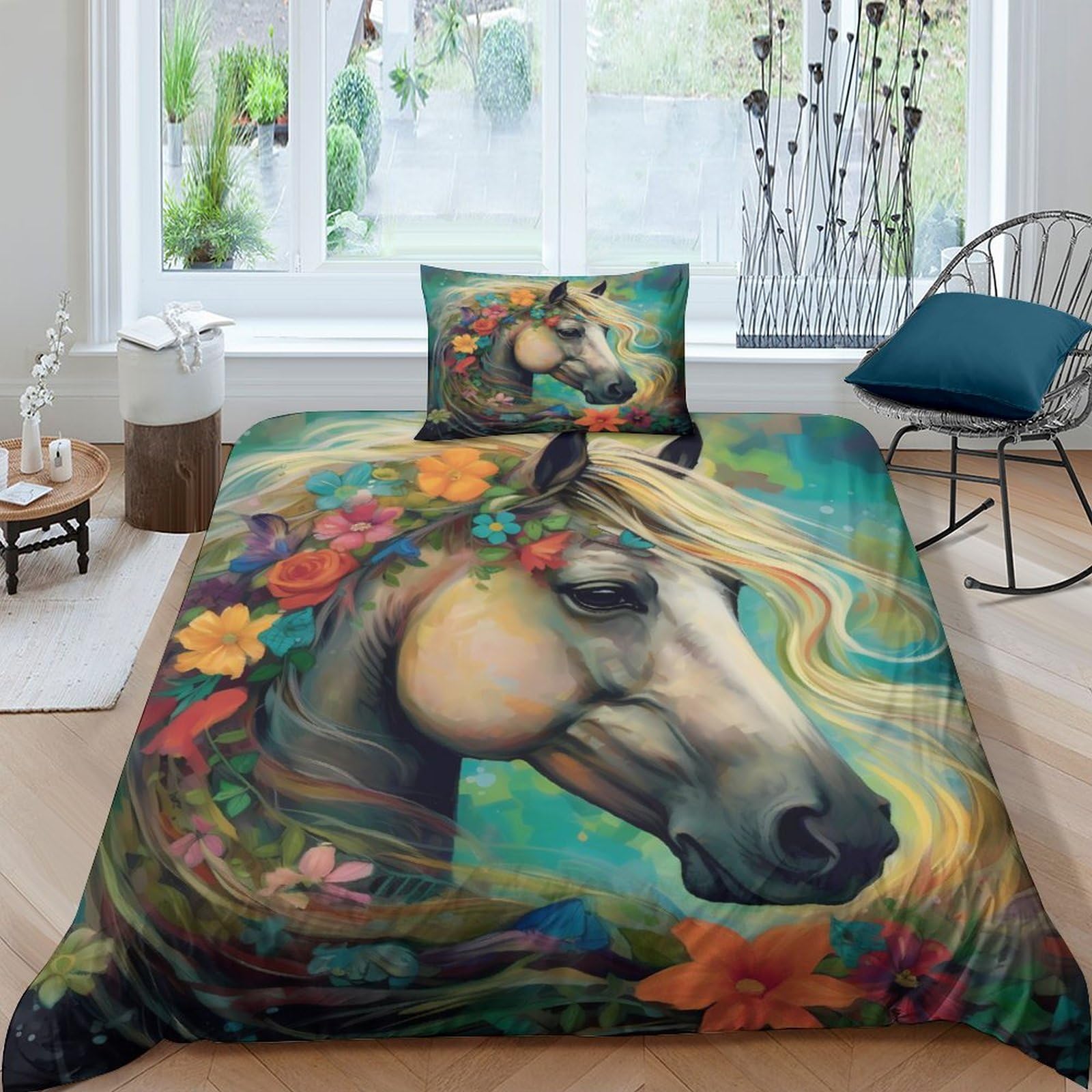Parure de lit fleurs et chevaux 3D housse de couette adulte enfant 135x200