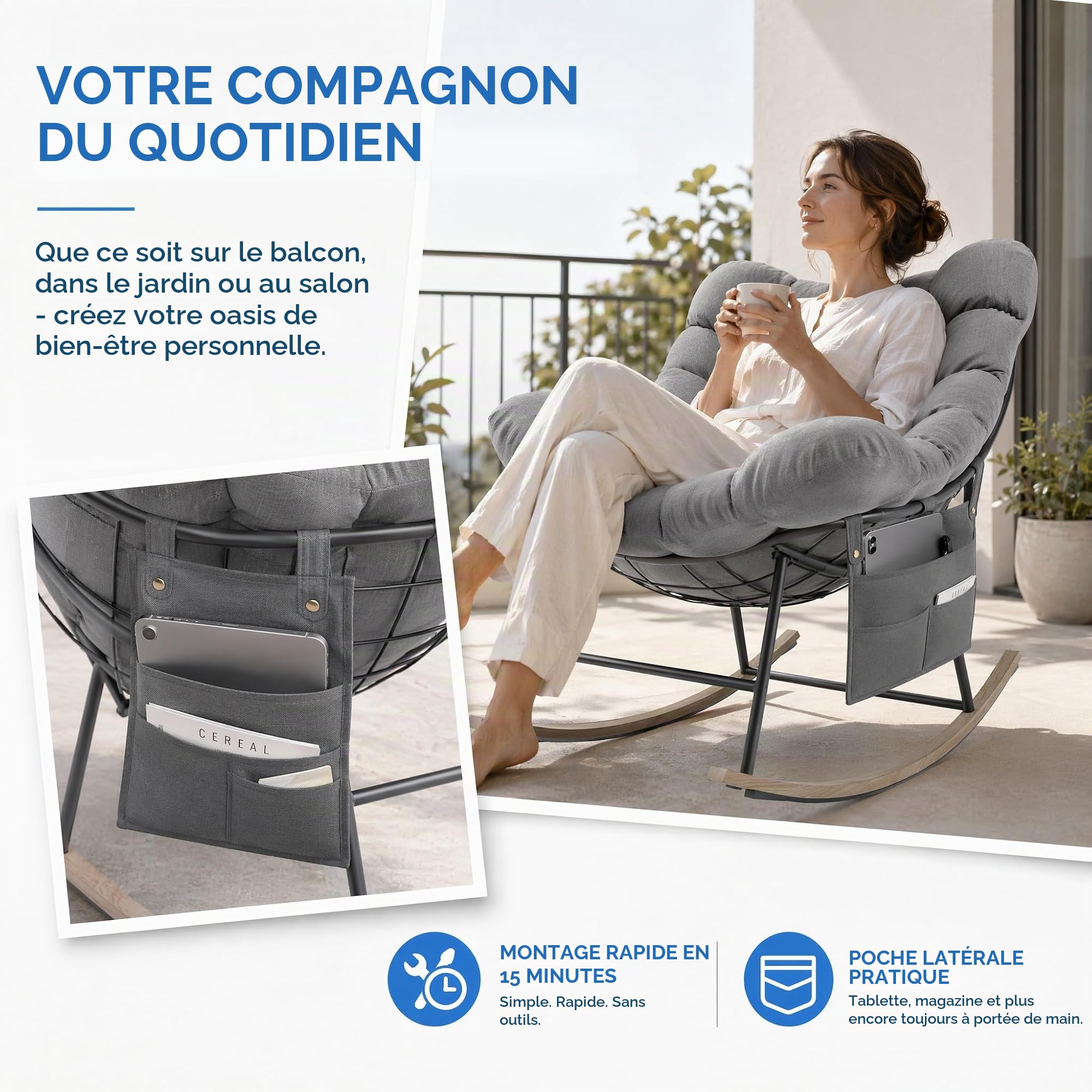 Fauteuil a Bascule Grand Extérieur avec Poche Latérale pour Salon, Jardin