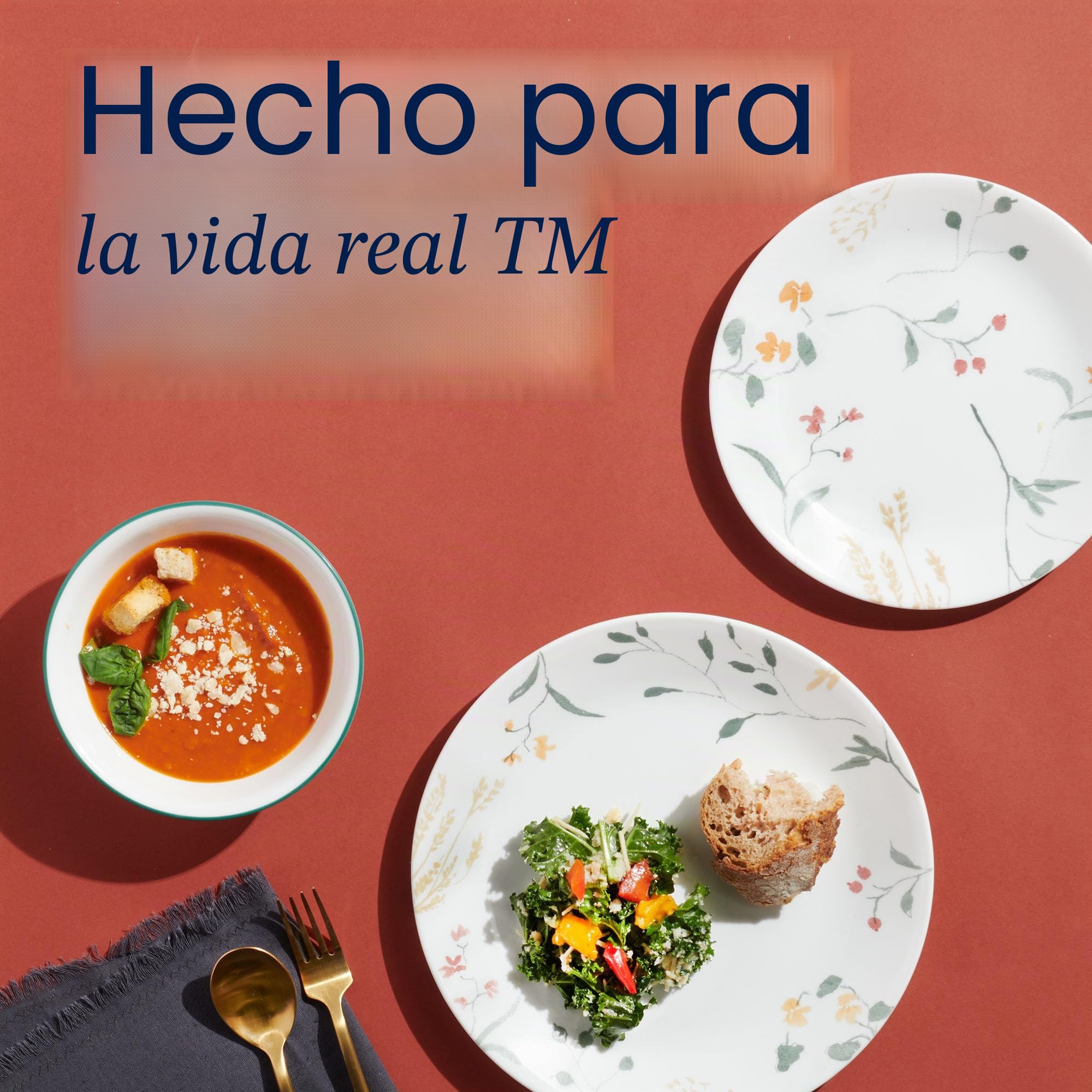 Corelle Vitrelle - Juego de vajilla de vidrio de 18 piezas, servicio para 6, juegos de platos y cuencos de vidrio resistentes a astillas y grietas, flores silvestres