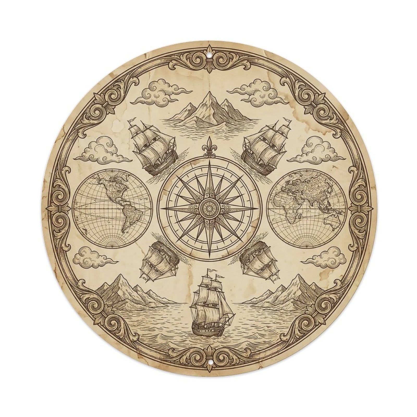 Vintage Nautical Compass World Map Expedition Route Metal Tin Sign