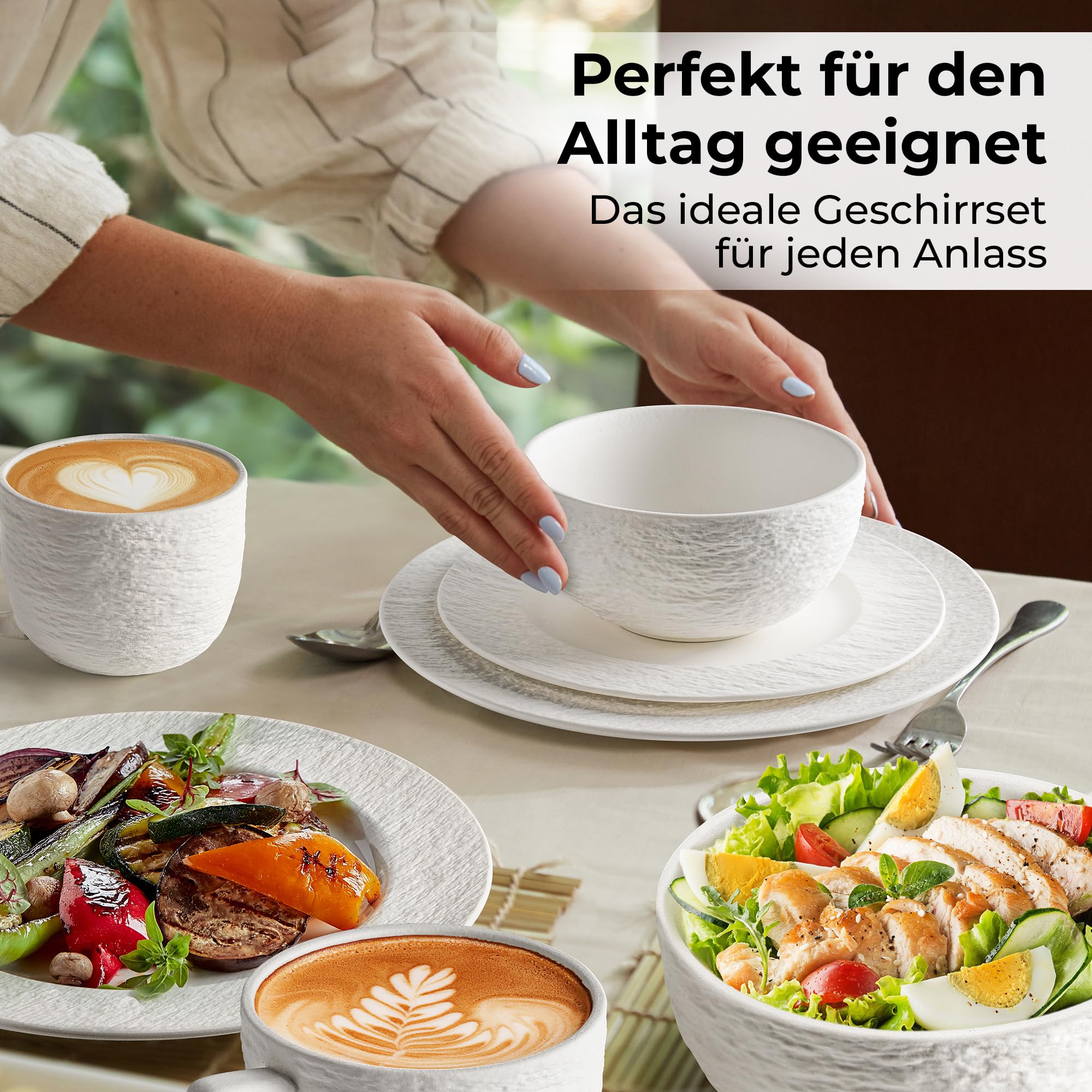 MIAMIO - Geschirrset 4 Personen, Keramik (16-teilig) - Oasis (Weiß) | Modernes Tafelservice Steingut / große & kleine Teller, Schüsseln & Kaffeetassen, Keramik Geschirr Set