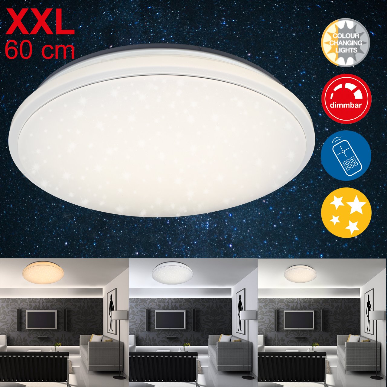 Briloner Leuchten LED Deckenleuchte, Dimmbar, Farbton Einstellbar: Warm Kalt Deckenlampe Inkl. Nachtlicht-Funktion, Timerfunktion, Fernbedienung, Ø 60 cm, 48W, Metall, Weiß