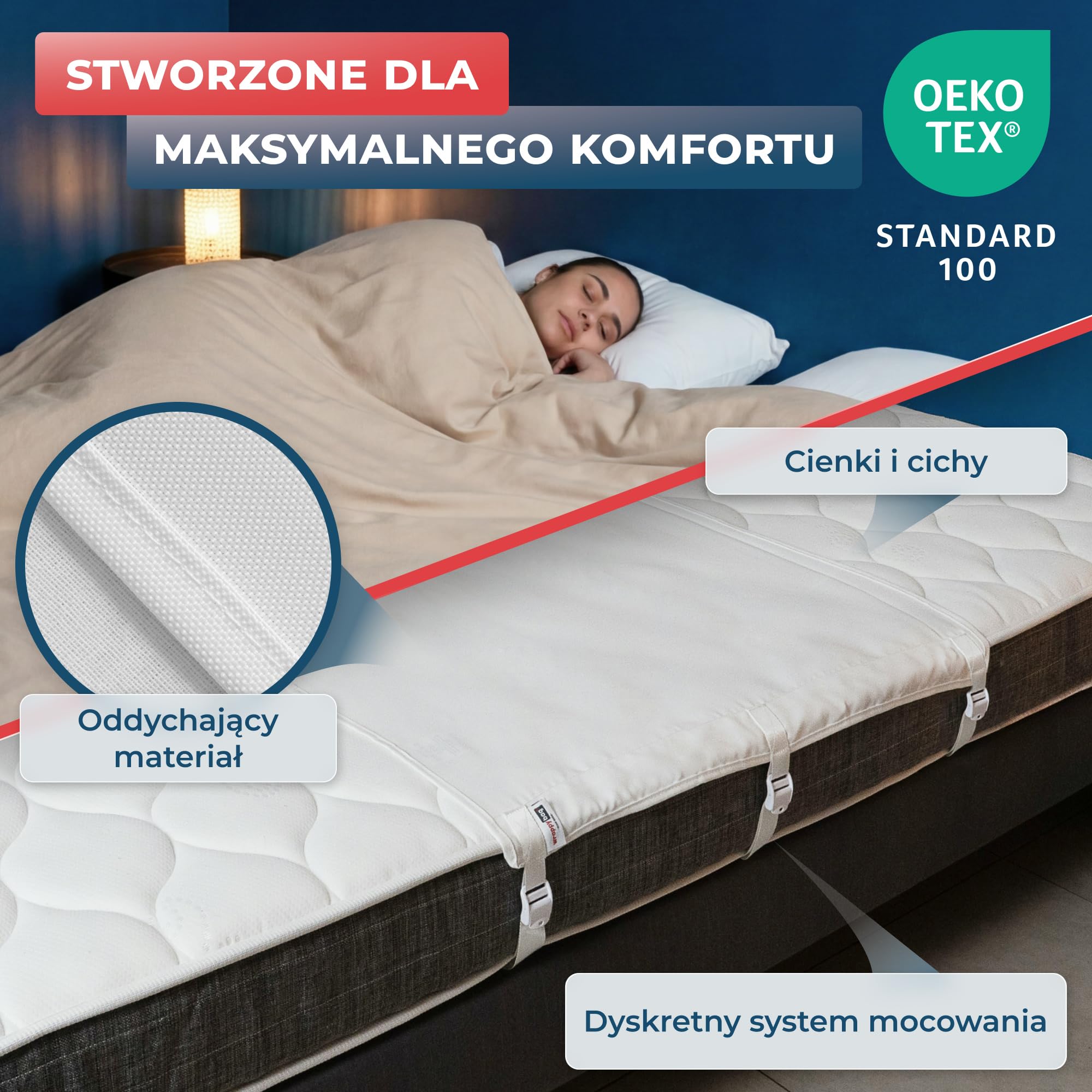 Wrappybag – Uniwersalny łącznik do materacy z pasami – Łączy dwa materace bez przesuwania i szczelin – Oddychająca tkanina OEKO-TEX – Szybki i trwały montaż
