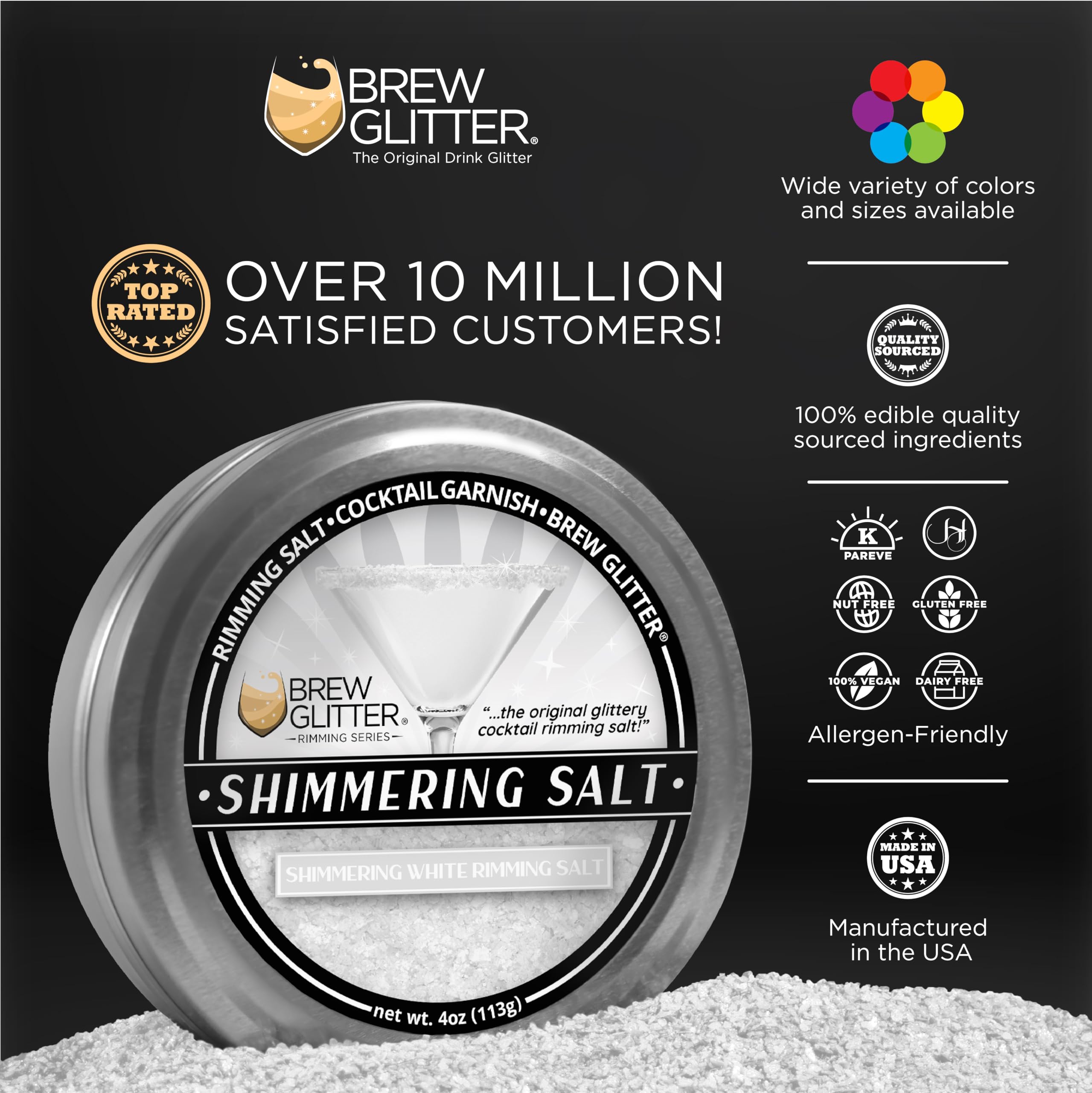 Brew Glitter - Shimmering White Rimming Salt (4oz, 1x Bar Tin) Edible Glitter Blended Cocktail Garnish for Mixed Drinks and Beverages