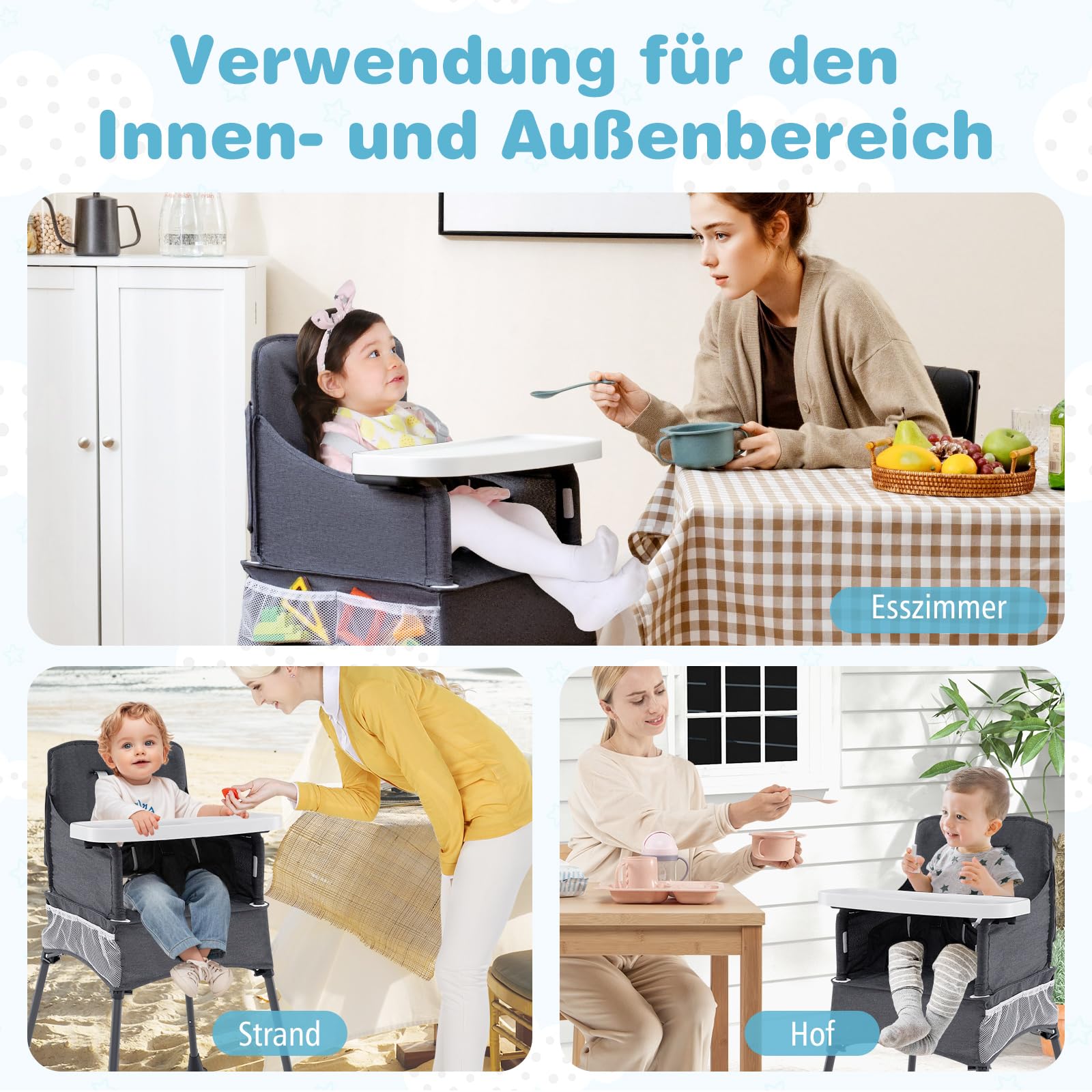 COSTWAY Hochstuhl Baby klappbar, Kinderhochstuhl mit verstellbarem Tablett, Aufbewahrungstasche & Sicherheitsgurt, Babystuhl mit Tragetasche, Babyhochstuhl für Babys von 6-36 Monaten