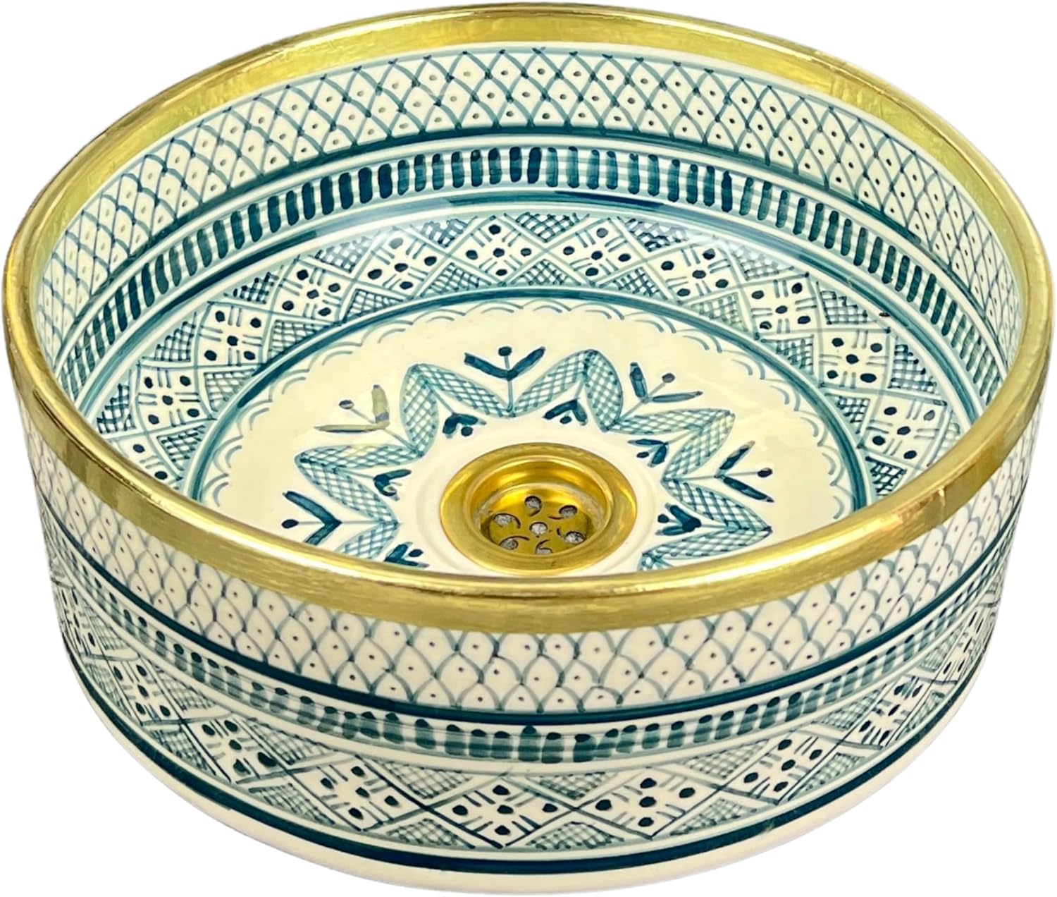 Blue-Green Ceramic Bathroom Sink with Gold Rim – Hand-Painted Round Countertop Vessel Basin with Brass Drain (Brown, 10in = 25cm)