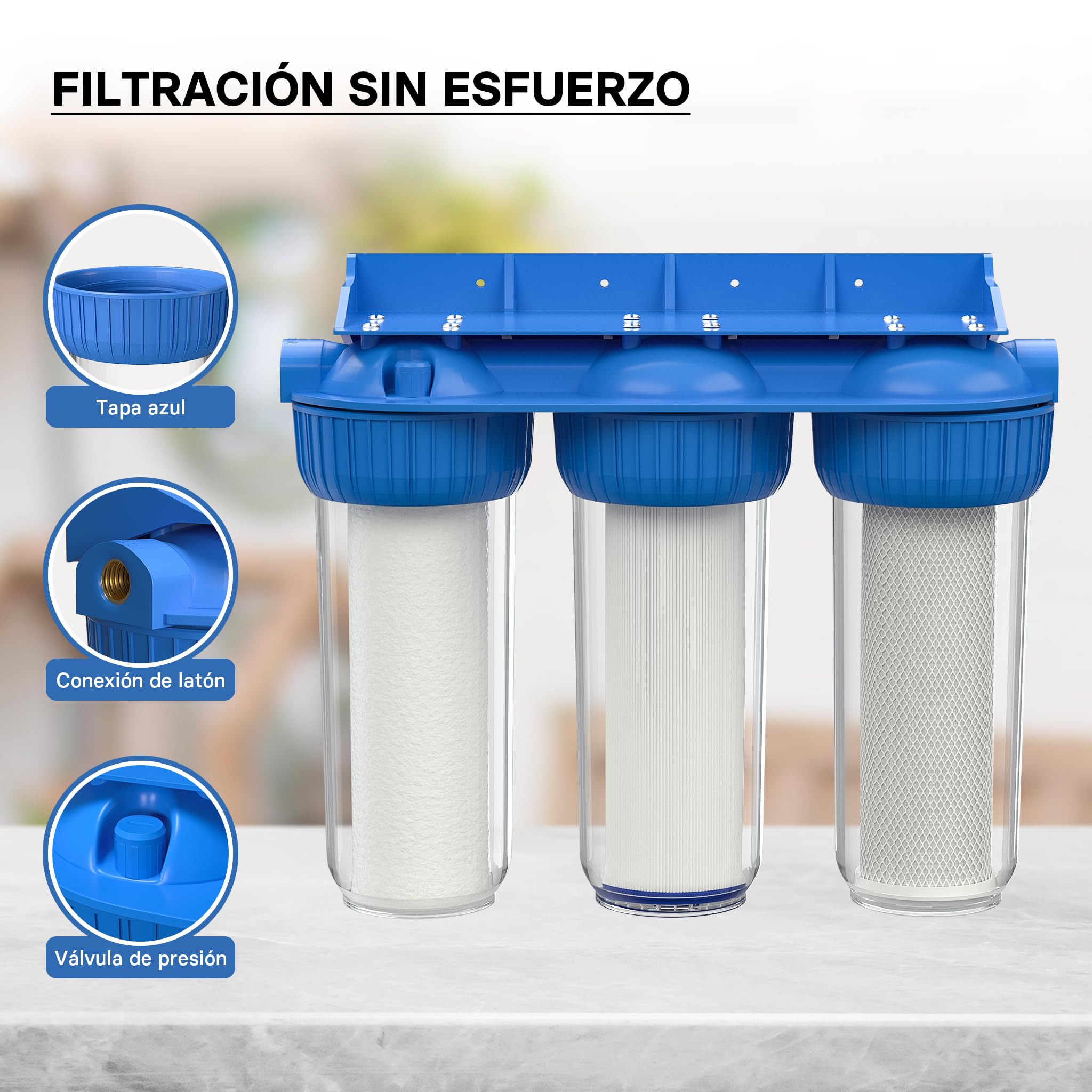 Naturewater NW-BR10B4 Filtro de agua 3-etapas 26.16mm (3/4") cartucho PP Ø60 mm, filtro con soporte de pared, con llave, filtración de sedimentos, carbón activado en bloque y en granulado