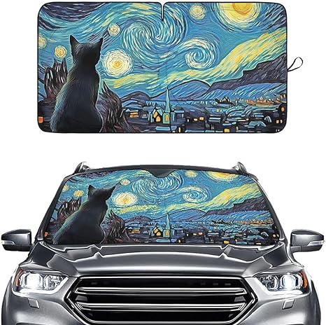Starry Night Art Windshield Sun Shade for Car SUV Truck (64x32 Inches), Black Cat Automobile Sunshade, Protector Blocks UV, Car Accessories
