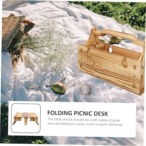 Miniatura 4 de Hemoton Mesa de picnic plegable de madera, mesa de picnic portátil para exteriores, cesta de picnic 2 en 1, soporte de almacenamiento plegable, mesa