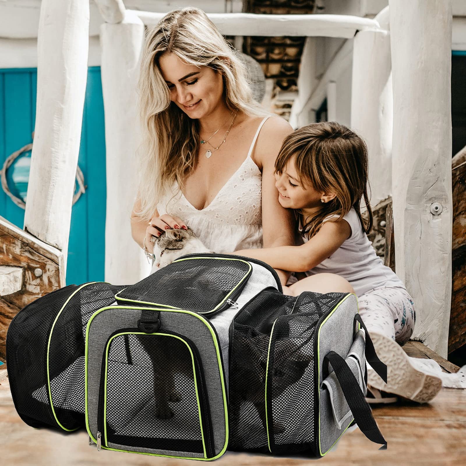 PETCUTE Trasportino per Gatti e Cani,Espandibile e Pieghevole Trasportino per Cani con Morbido Letto in Pile,Traspirante Borsa da Trasporto per Gatti con Materasso Morbido,Grigio Chiaro,M
