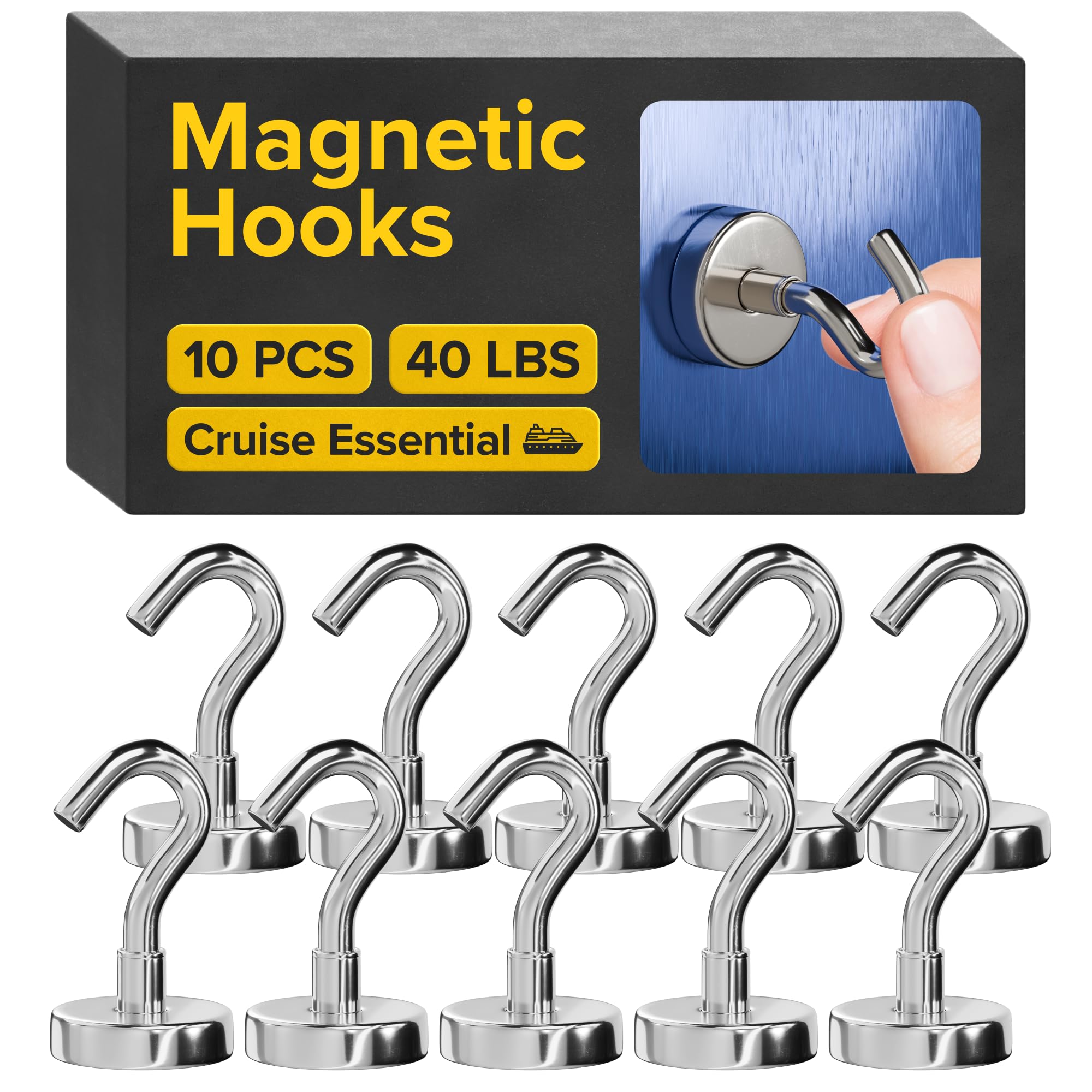 Magnetic Hooks 40 LBS (Pack of 10) - Heavy Duty Neodymium Magnetic Hooks for Cruise Cabins - Strong Rare Earth Magnets for Hanging on Refrigerator, Grill, Cruise Cabin Walls, Ship Essentials