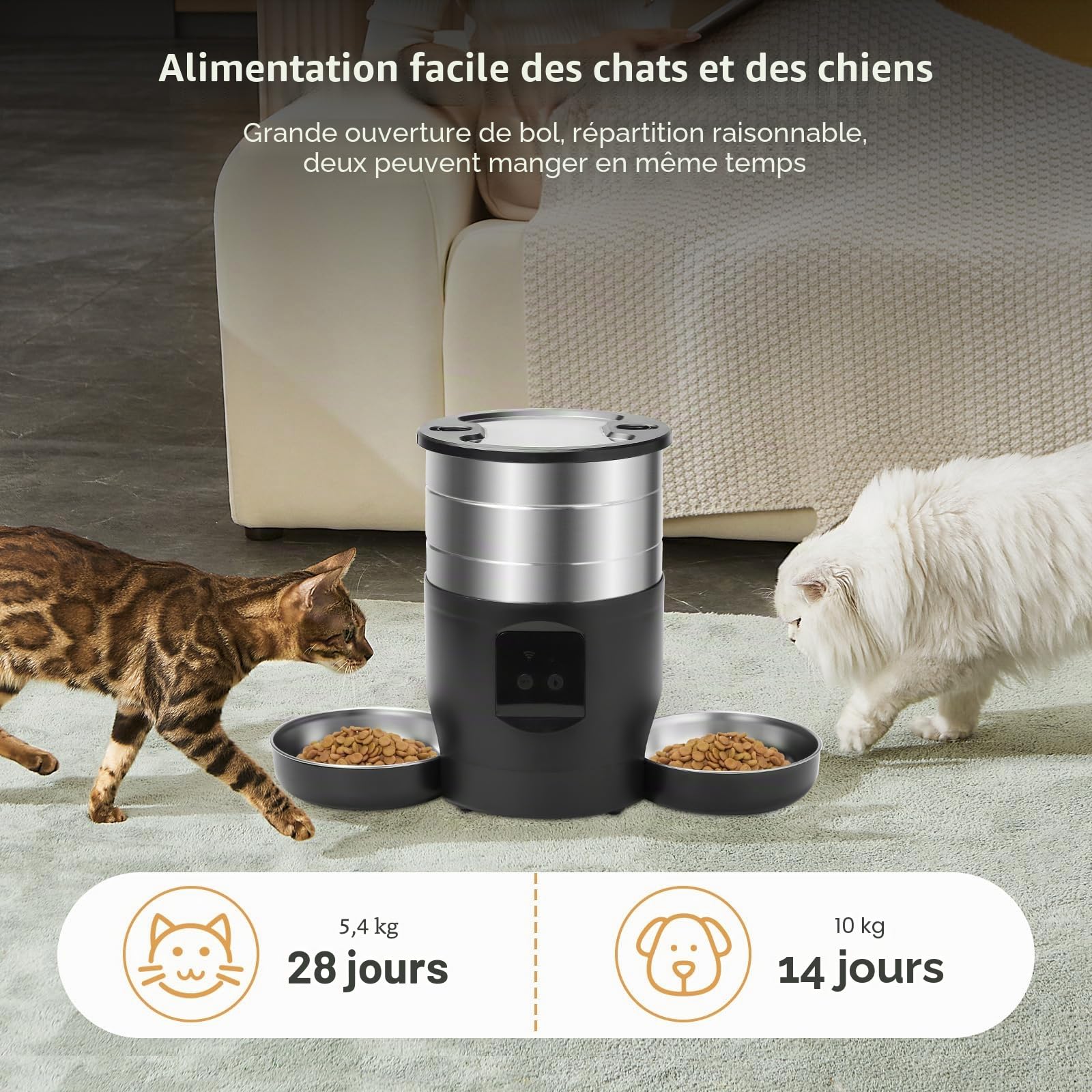 Distributeur Croquettes Chat Automatique Double,INOX Distributeur Croquettes Chien avec 2 Bols,Inoxydable Gamelle Electronique,par Jour Alimentation Personnalisé Distributeur Automatique (APP)