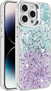 جراب حماية شفاف لامع مزين بالجليتر بإطار ناعم من البولي يوريثين المقاوم للحرارة وجزء خلفي صلب متوافق مع موبايل آيفون 13 برو ماكس (6.7 بوصة) للنساء والبنات من دلع موبايلك (أخضر/ أرجواني)