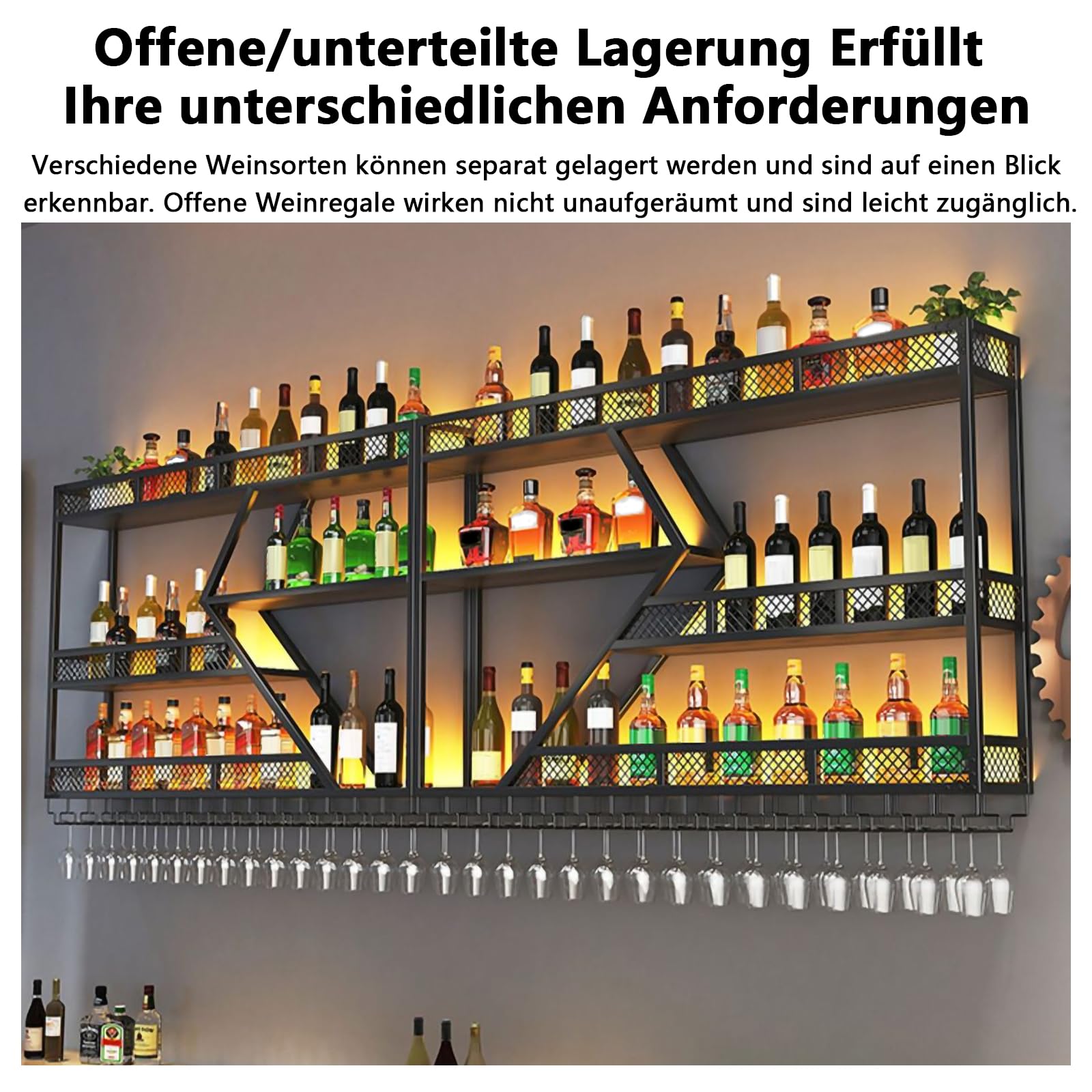 Metall Weinregal zur Wandmontage mit LED-Beleuchtung und modularen Weinflaschenhaltern, inklusive Gläserhalter, multifunktionaler Präsentationsregal für Zuhause/Bar/Küche (schwarz, 2 Meter)