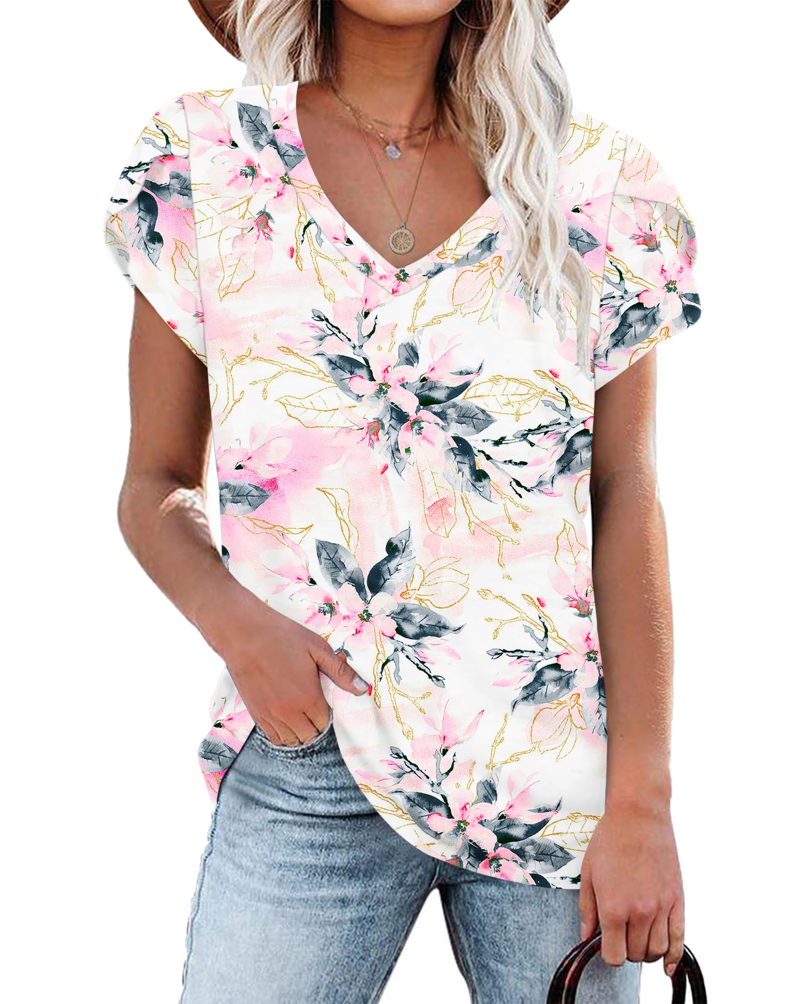 WNEEDU Summer T Shirts Women Tops Casual V Neck Shirts Petal Short Sleeve Tee Tops 2025 Basic Blouse