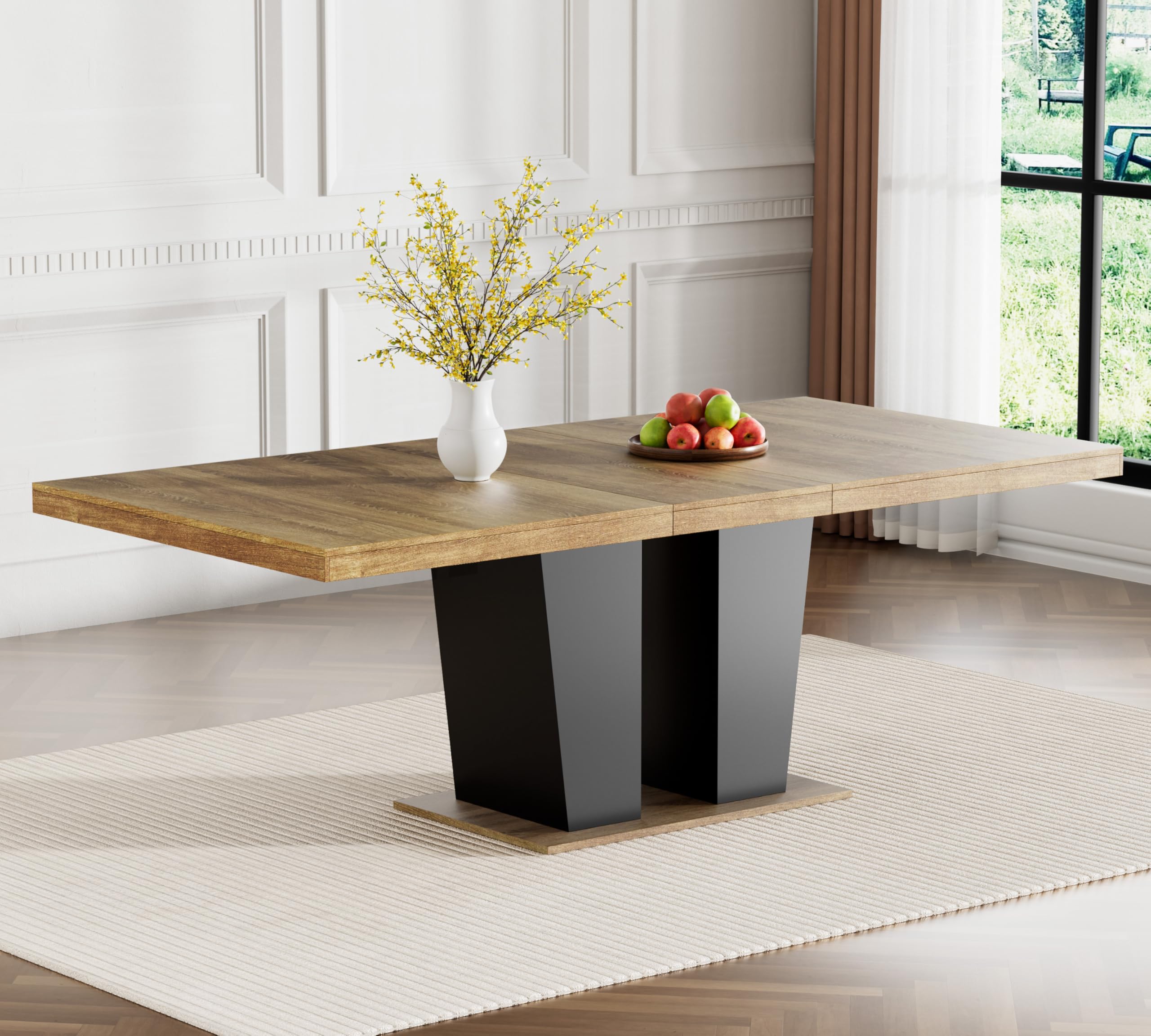 Pvillez 63"-79" Extendable Dining Room Table for 6 8 10,Modern Farmhouse Wood Kitchen Dining Table with Sturdy Pedestal Base, Rectangle Extendable Transformer Table for Dining, Gatherings, Meeting Brown Black-dual Base