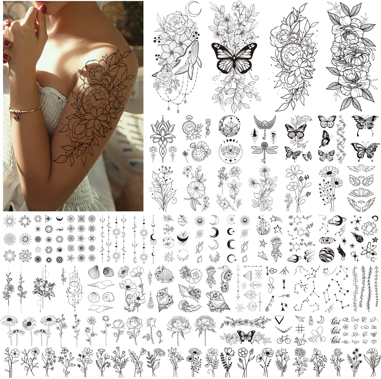 61 Sheets Temporary Tattoos, Party Bags for Women and Girls - Black Wild Flowers Butterfly Fake Tattoos for Sticking, 3D Waterproof Temporary Stickers Adults for Make Up Christmas