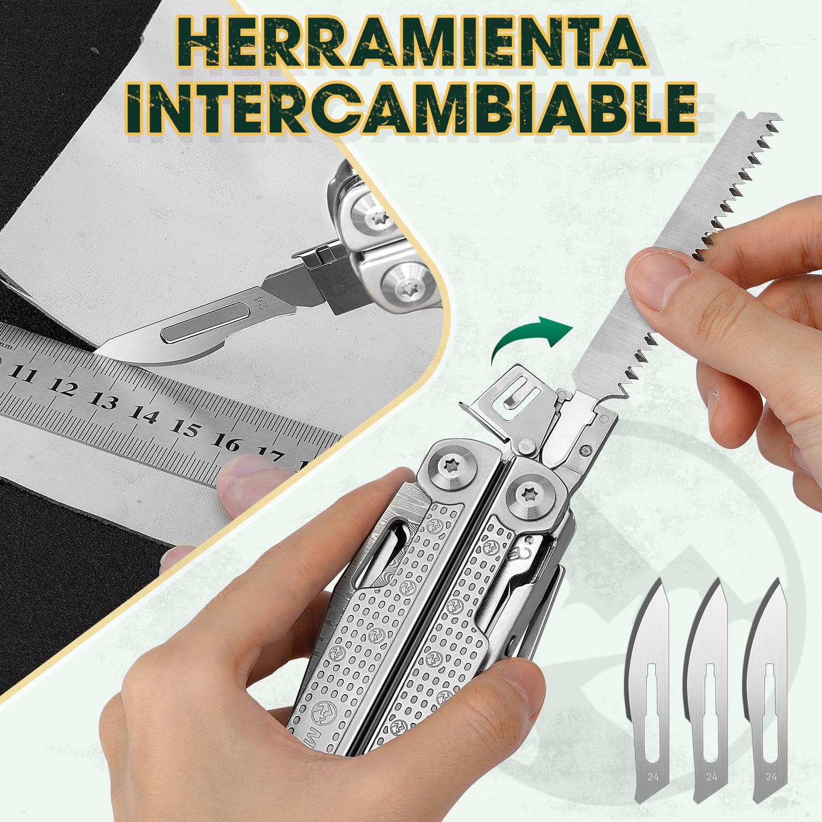 Multper Multiherramienta de Alicates, Navaja Multiusos de Acero Inoxidable con Cuchillo Damasco, Portátiles Alicates Plegables para la Trabajo Exterior, Camping, Reparación, Regalos para Hombres -PRO