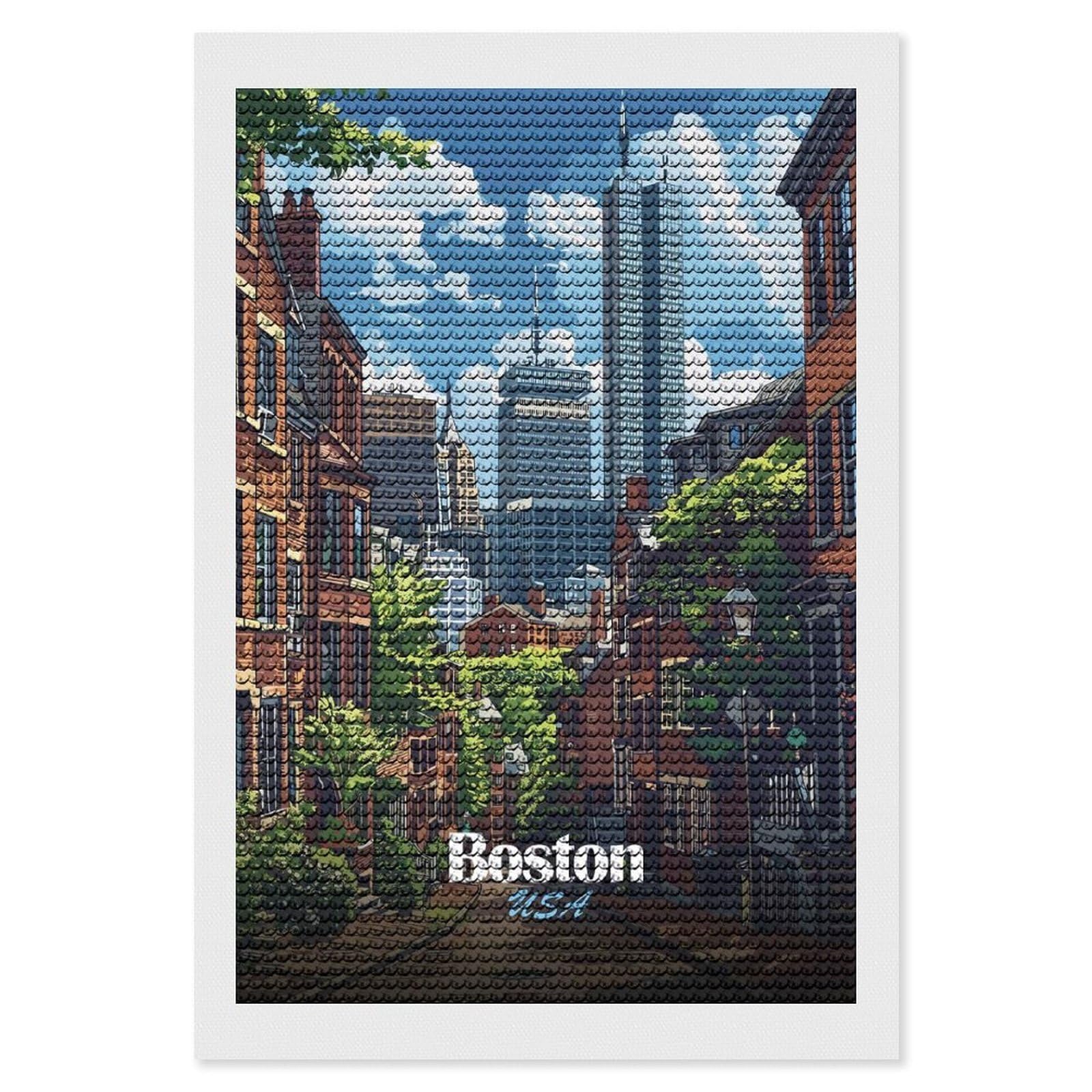 Junmoney Boston USA Cityscape Illustration Diamond Art Canvas 8"x12", for Adults, Printed Canvas, Home Wall Decor, Gift Idea, Mindful Craft Activity