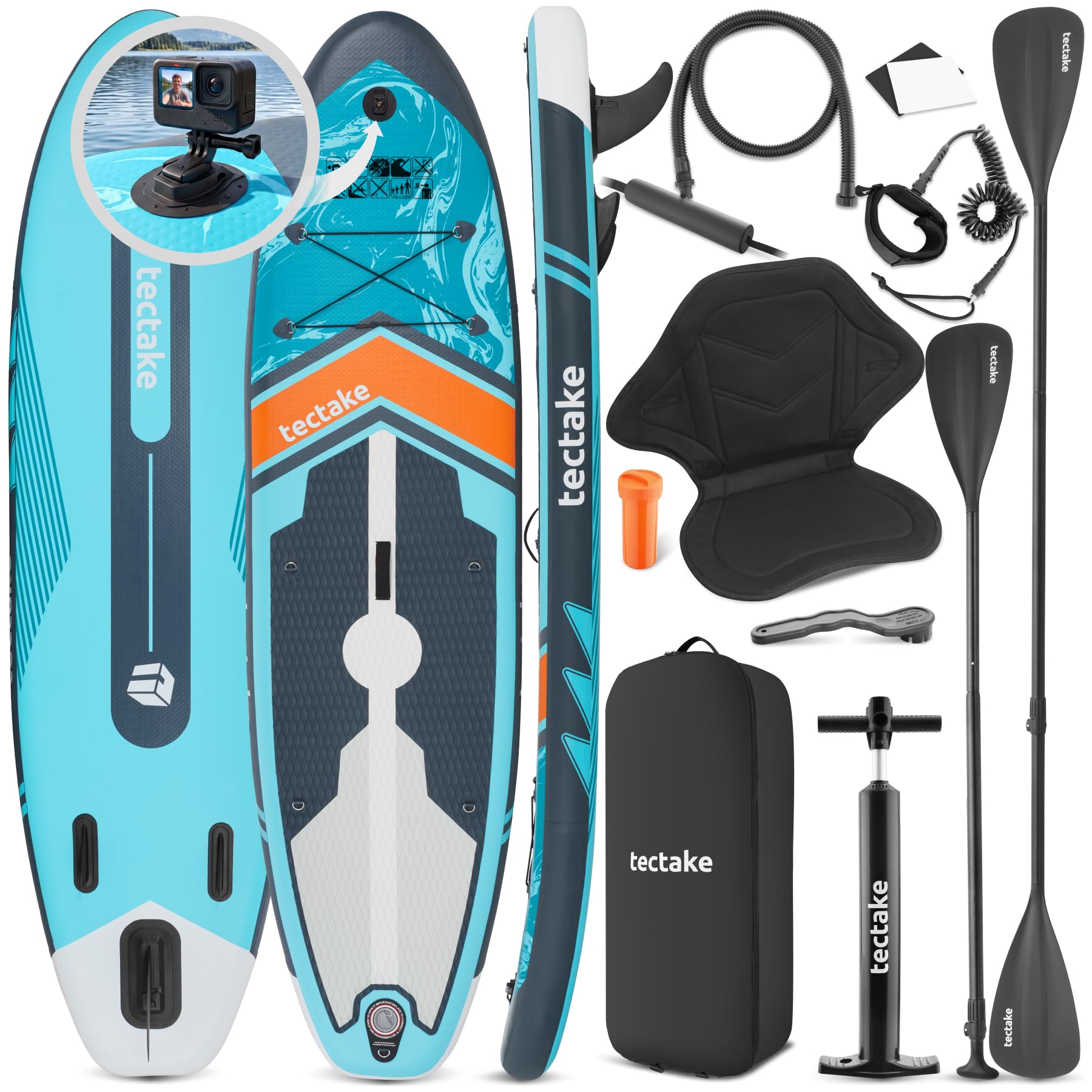 tectake® Tabla Sup Hinchable, Soporte Cámara, 200 kg, Antideslizante | Asiento de Kayak, hasta 200 kg, Antideslizante, 288 cm, Material Drop-Stitch, Raqueta Doble Ajustable, SUP, Turquesa/Naranja