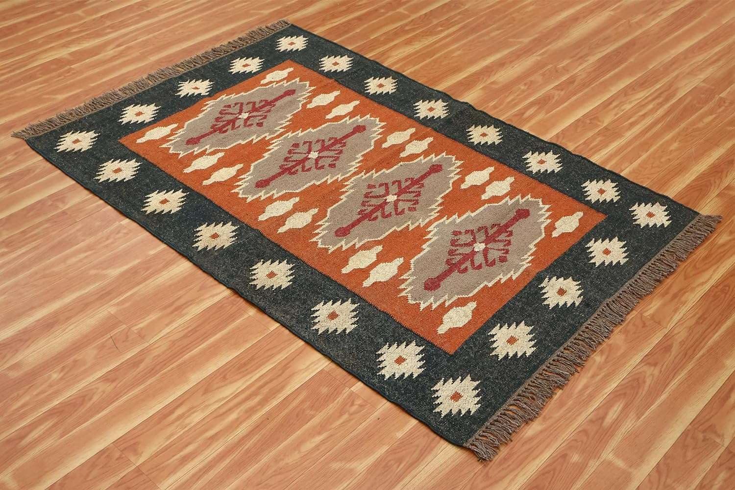 4x6 Kilim Wool Jute Rug, Natural Handmade Area Rug for Bedroom, Living Room, Dining Room, Hallway, Office, Kitchen, Entryway Carpet for Decorative Use (D-11)