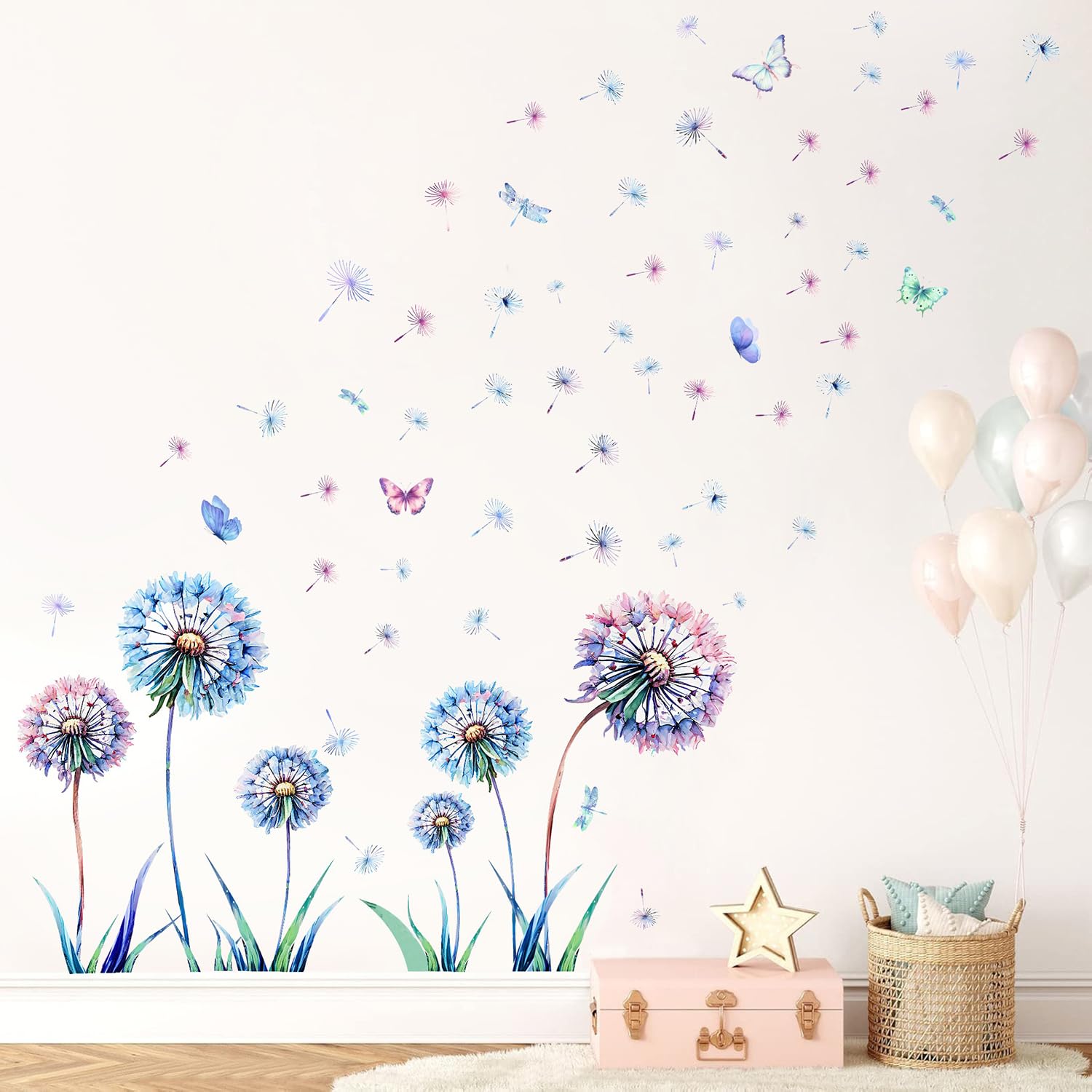 KAIRNE Wandtattoo Pusteblume Blumen Wandtattoo für Kinderzimmer Mädchen Blaue Wandsticker Löwenzahn für Schlafzimmer Wandaufkleber für Wohnzimmer Babyzimmer Fenster Tür Wanddeko