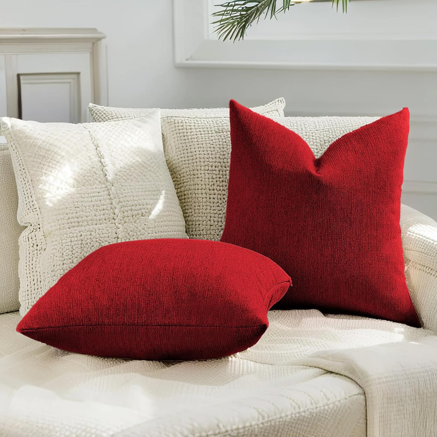 HAUSSY Red Throw Pillow Covers 20x20 Inch Set of 2,Boho Decorative Faux Linen Throw Pillows Cozy Farmhouse Accent Cushion Covers,Home Decor for Couch Sofa Bed Living Room