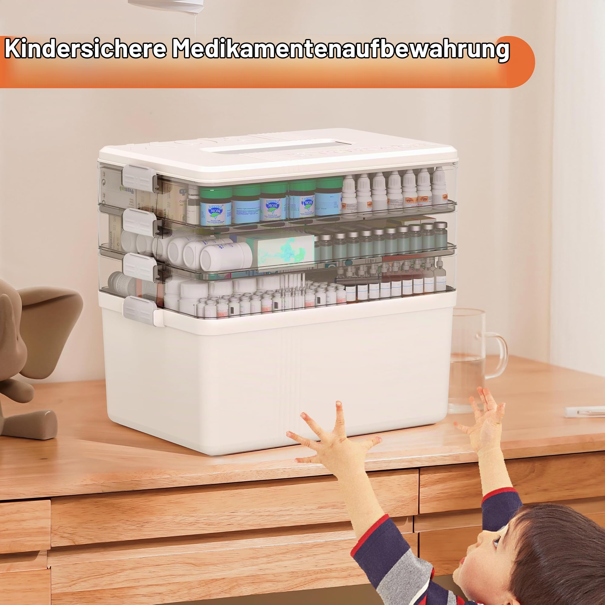 Citylife 4-Tier Medikamenten Aufbewahrung, 33.5X22X29cm Medikamentenbox mit Tragbarer Griff, Multifunktions Medizin Organizer, Hausapotheke Box Groß, Aufbewahrungsbox Weiß für Familie Erste Hilfe