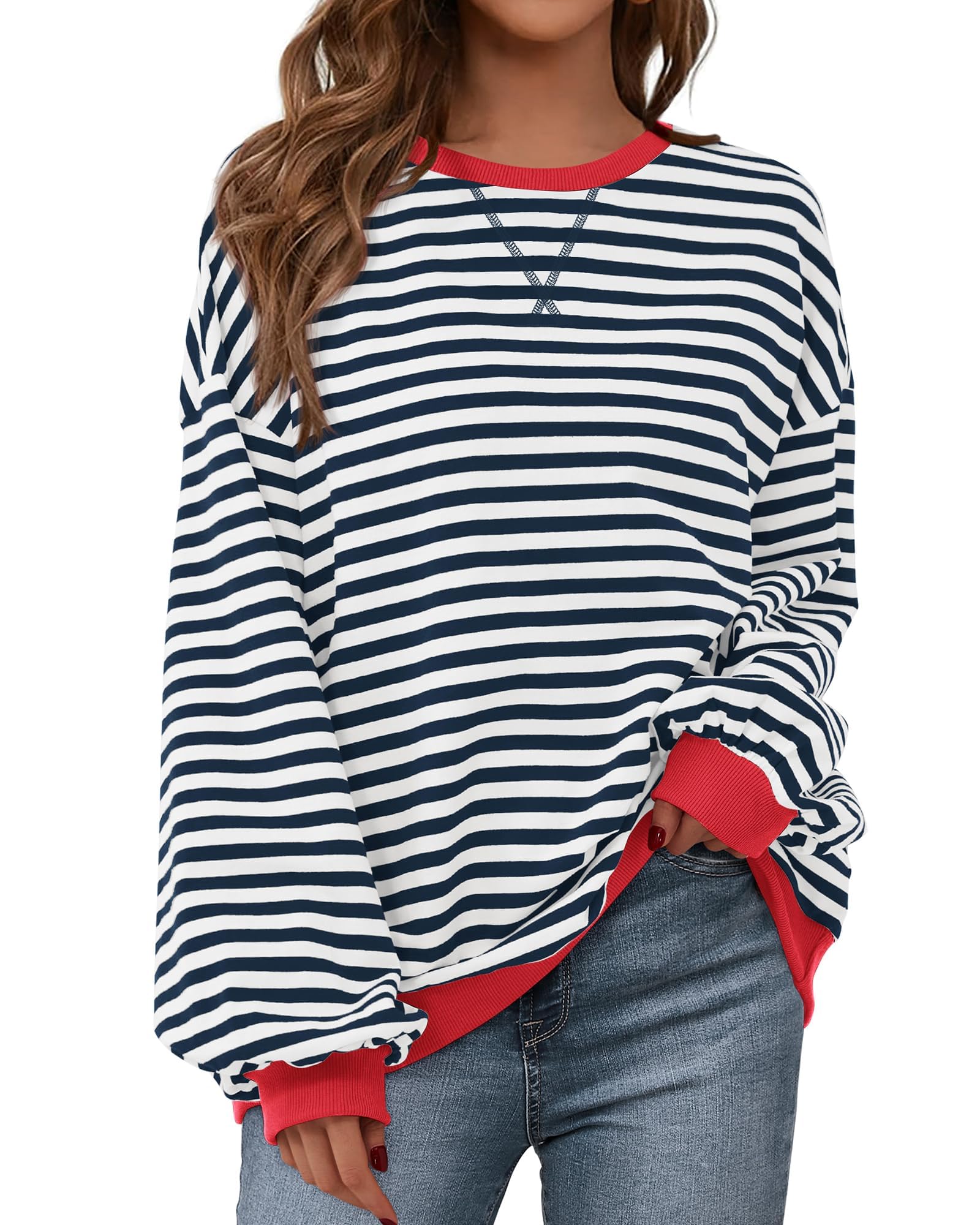 Sudadera de manga larga a rayas para mujer, casual, cuello redondo, con dobladillo de contraste en los puños — view 6