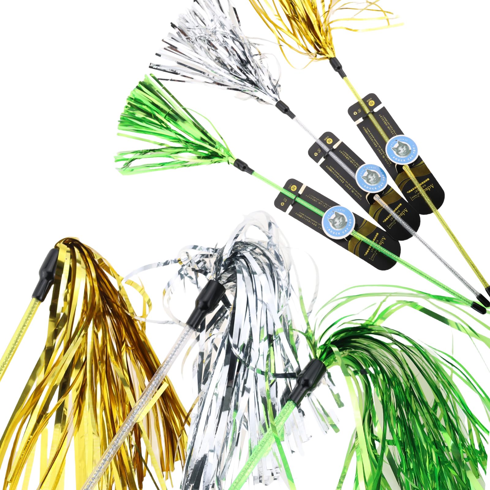 ADUCK Interactive Cat Teaser Wand Toy with Tassels - Durable Cat Chaser for Indoor Kitten Exercise, Boredom Relief & Training Play, Pack of 3 (Gold,