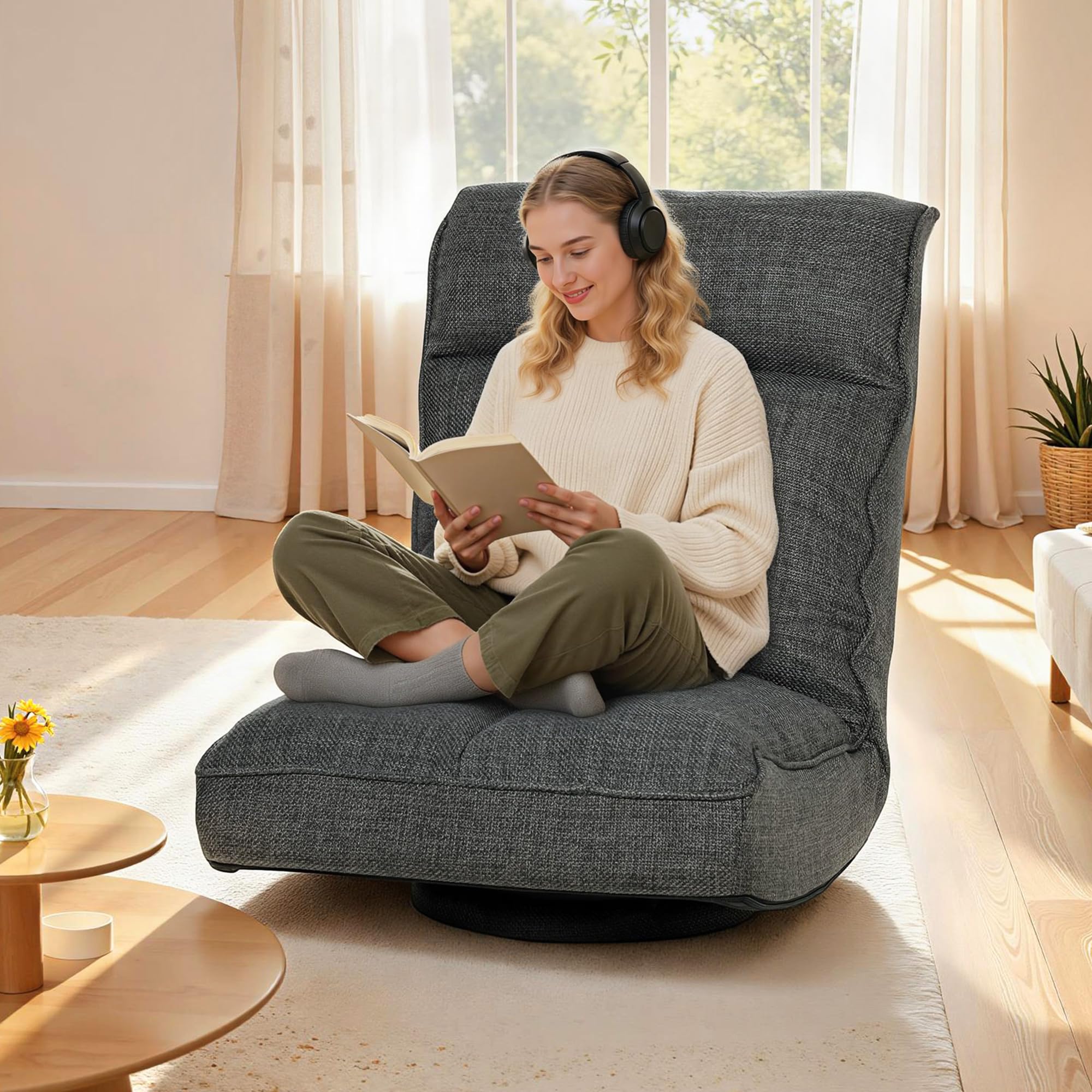 HOMCOM Fauteuil de Sol Pliable et Pivotant à 360°, Chaise de Sol Rembourrée avec Dossier Inclinable 5 Positions, Canapé Paresseux en Lin pour Salon, Bureau, Chambre, 58x107x79 cm, Gris