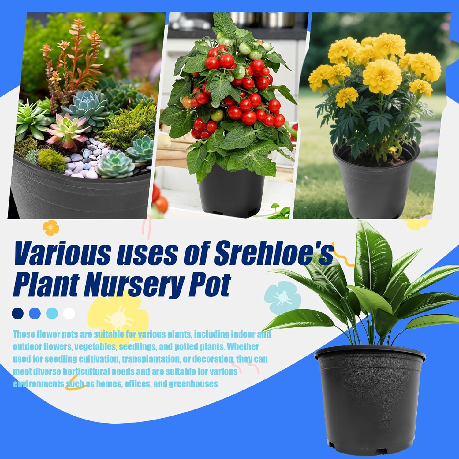 3 Gallon Pots for Plants Plastic Nursery Pot with Drainage Holes Garden Flower Pot Suitable for Home Garden Cuttings Flowers Succulents Transplanting Seedlings 10Pcs