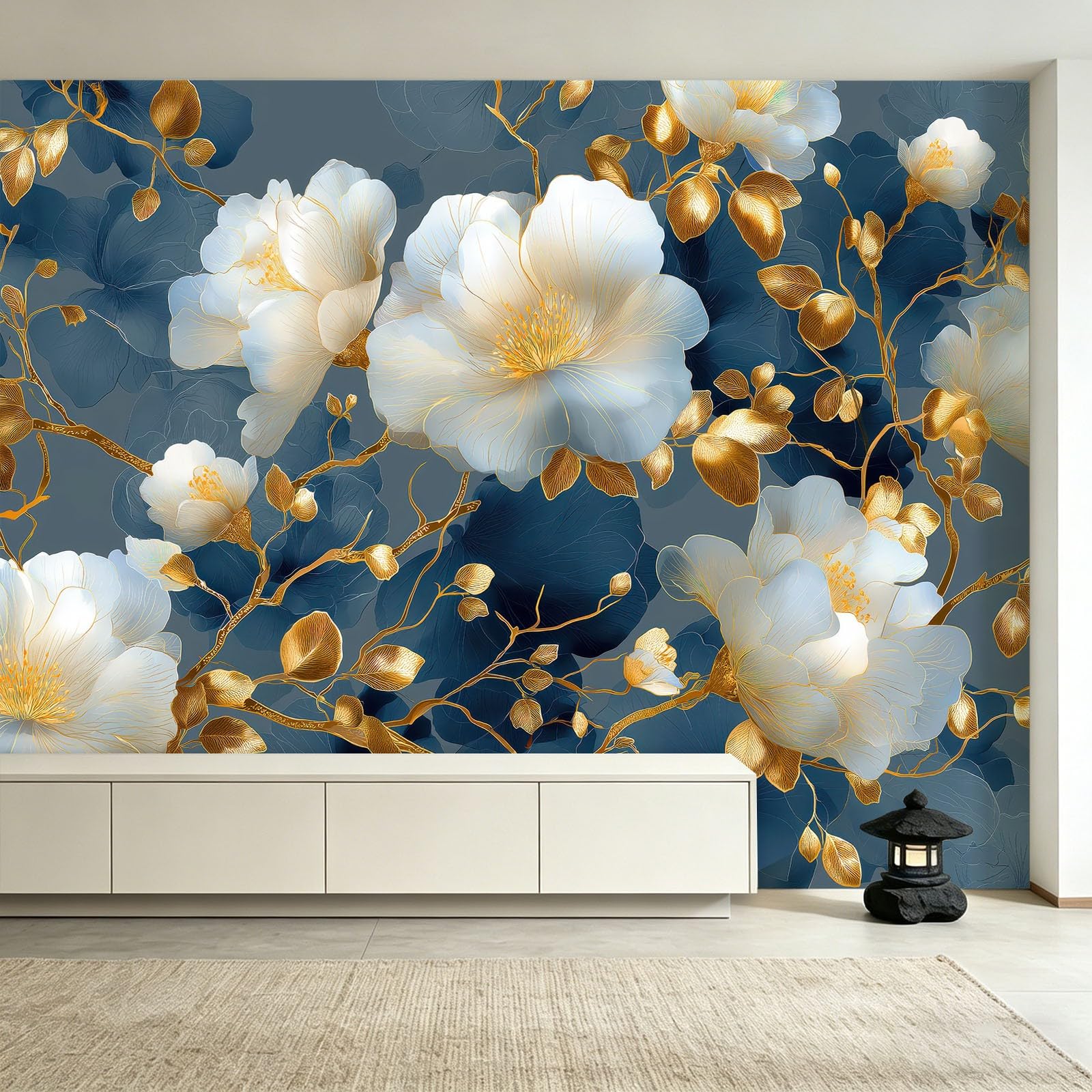 Tapeta 3D - Piwonia Kwiaty Złote Liście 300x210cm Panoramiczna tapeta ścienna na ścianę za telewizorem Salon Łazienka i sypialnia Kuchnia Dekoracja ścienna - orientalna elegancka