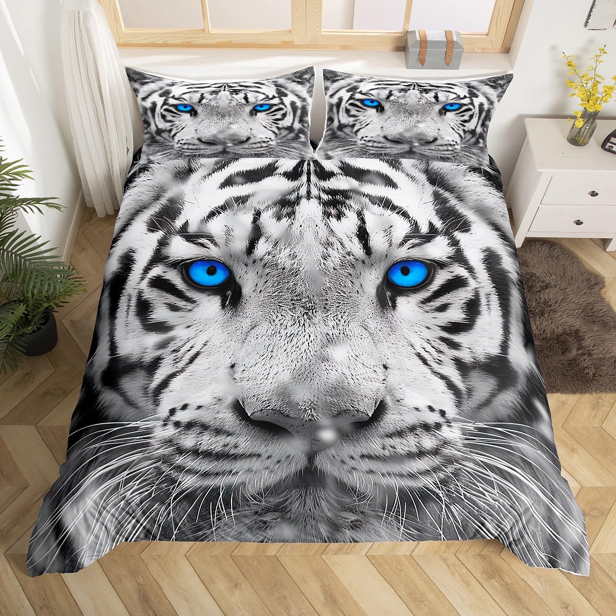 Erosebridal White Tiger Bedding Set King Size 3D Animal Print for Kids Boys Teens Duvet Cover Set Chic Design Gray Tiger Comforter Cover Novelty Black and White Striped Big Cat