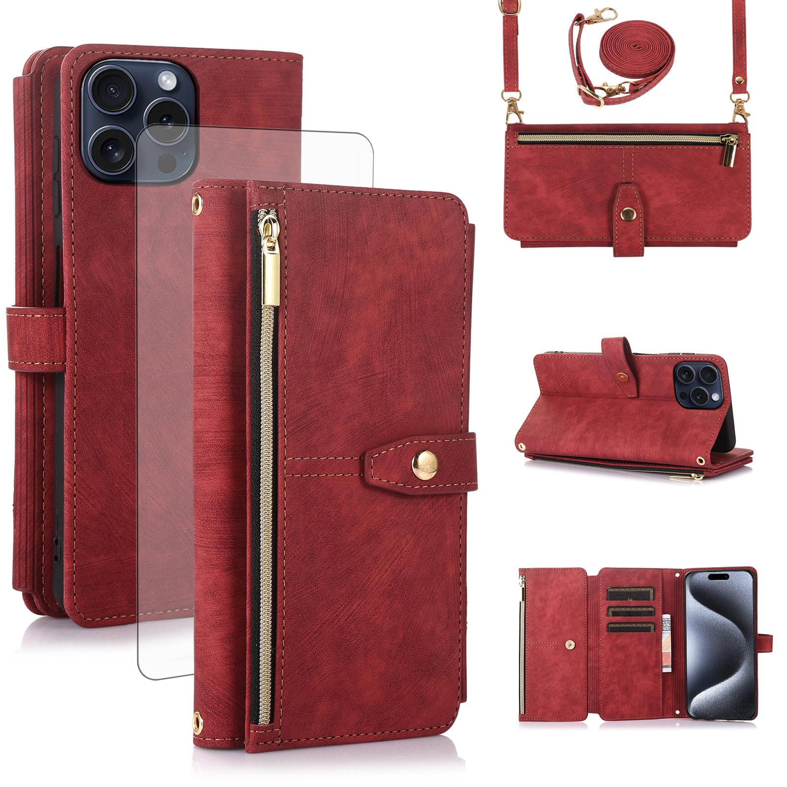 Asuwish Handyhülle für iPhone 15 Pro Hülle mit Band Folie Schutzfolie Kartenfach Klappbar Leder Geldbörse Ständer i-Phone 15Pro i Phoenix Prohülle Handy Hüllen Schutzhülle Phone Case Rot