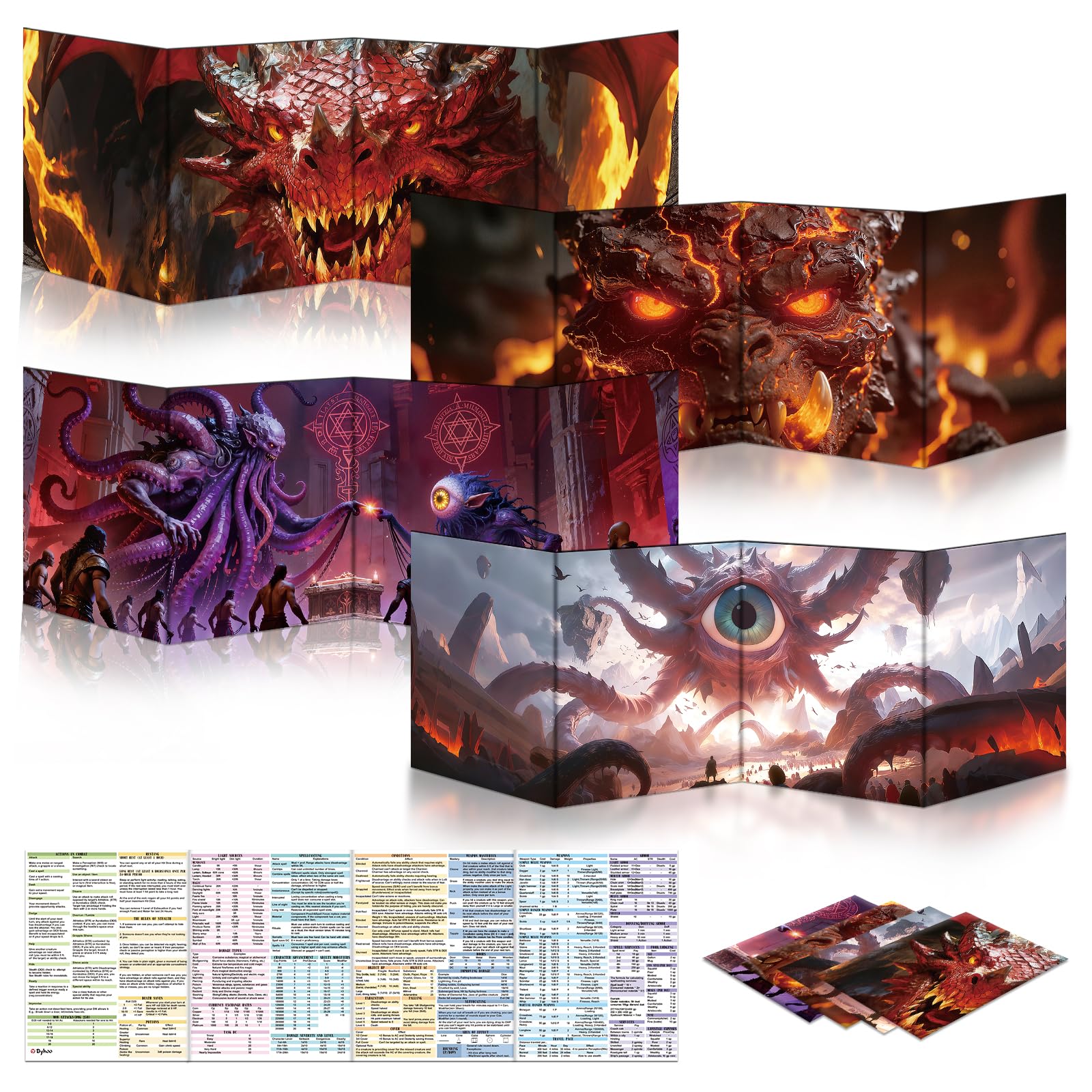 Byhoo DM Screen 4 PCS with Immersive Monstrous Lords Themes, Premium DM Screen 5e for D&D, Waterproof Reusable Surface