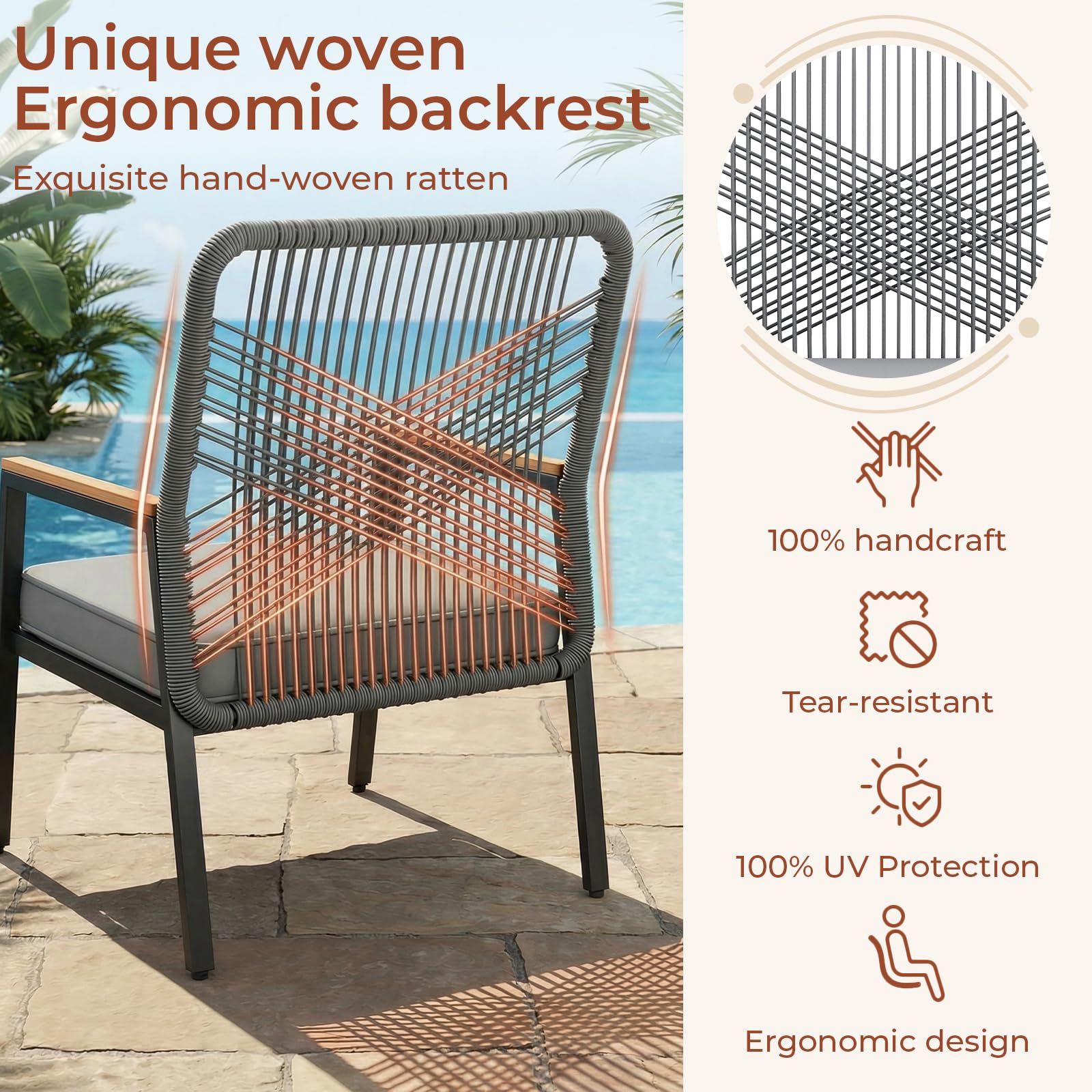 LIFERUN Gartenmöbel-Set, 3-teilig Gartenstuhl Rattan, für Terrasse, Garten | 2 Terrassenstühle mit Tisch, Bis 160 kg, witterungsbeständig, WPC Armrest, Outdoor Balkonmöbel Metall und Rattan, Grau