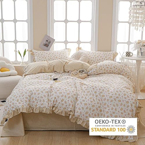 Miniatura 5 de EAVD Juego de edredón floral con volantes estilo jardín francés, tamaño matrimonial, microfibra suave y esponjosa, elegante juego de ropa de cama