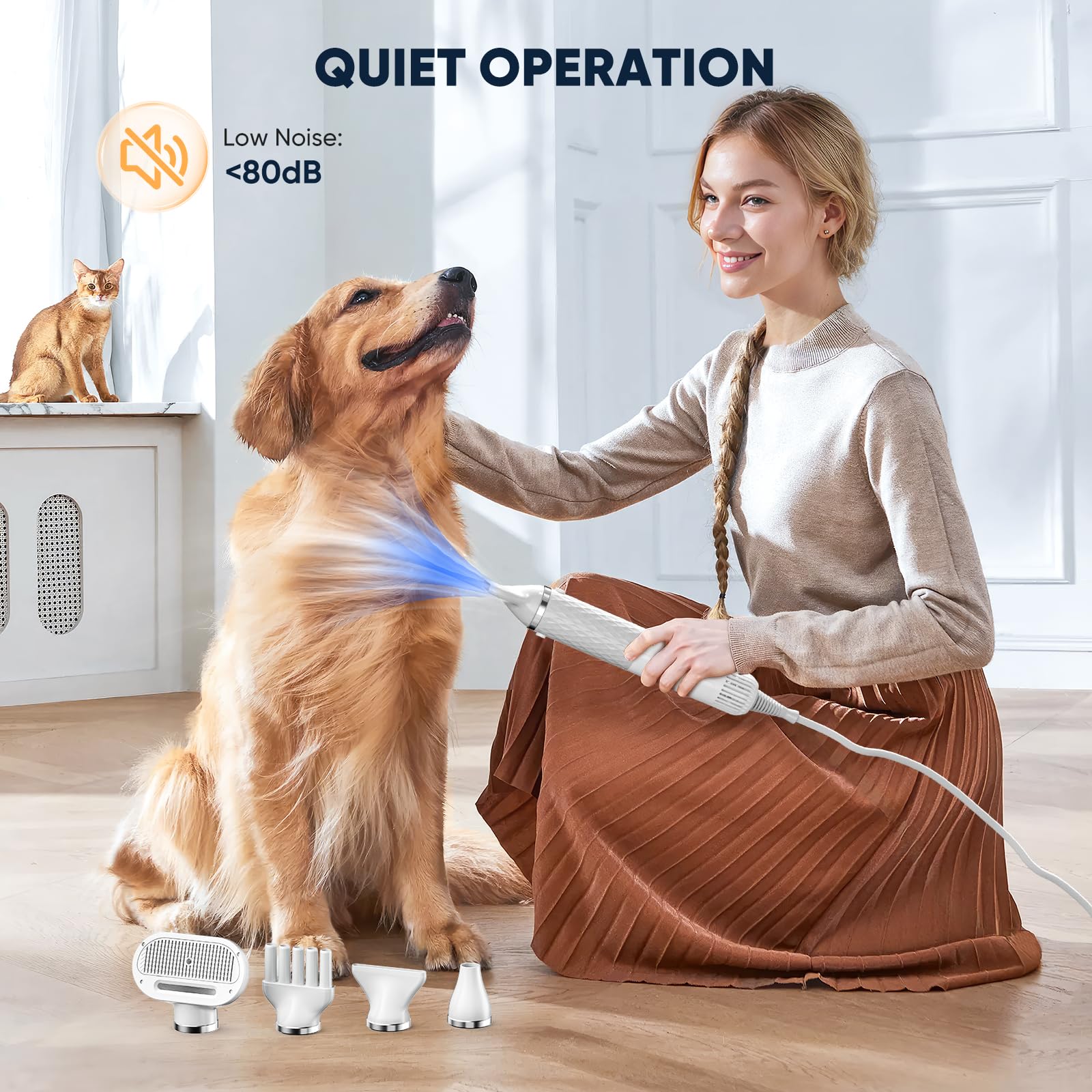 Séchoir Portable pour Chien 4-en-1 avec 4 Buses, Sèche Rapidement Pulseur Chien sèche-Cheveux pour Animaux de Compagnie avec Vitesse et température réglables pour la Maison, Le Voyage et Le Camping