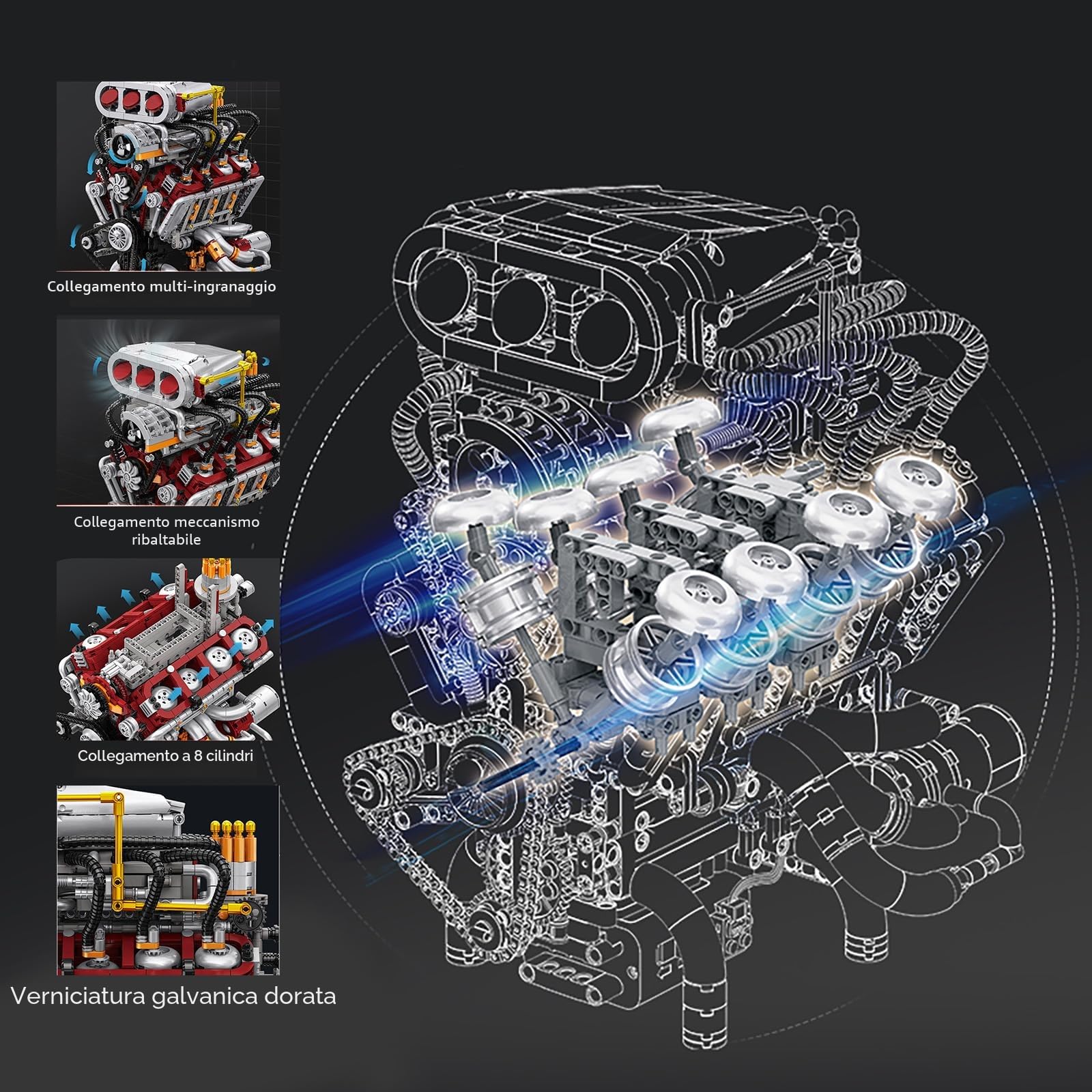 Technik V8 - Kit di montaggio motore per adulti con V8, motore a pistone, MOC fai da te STEM hobby, giocattoli regali per bambini e ragazzi (2347 pezzi)