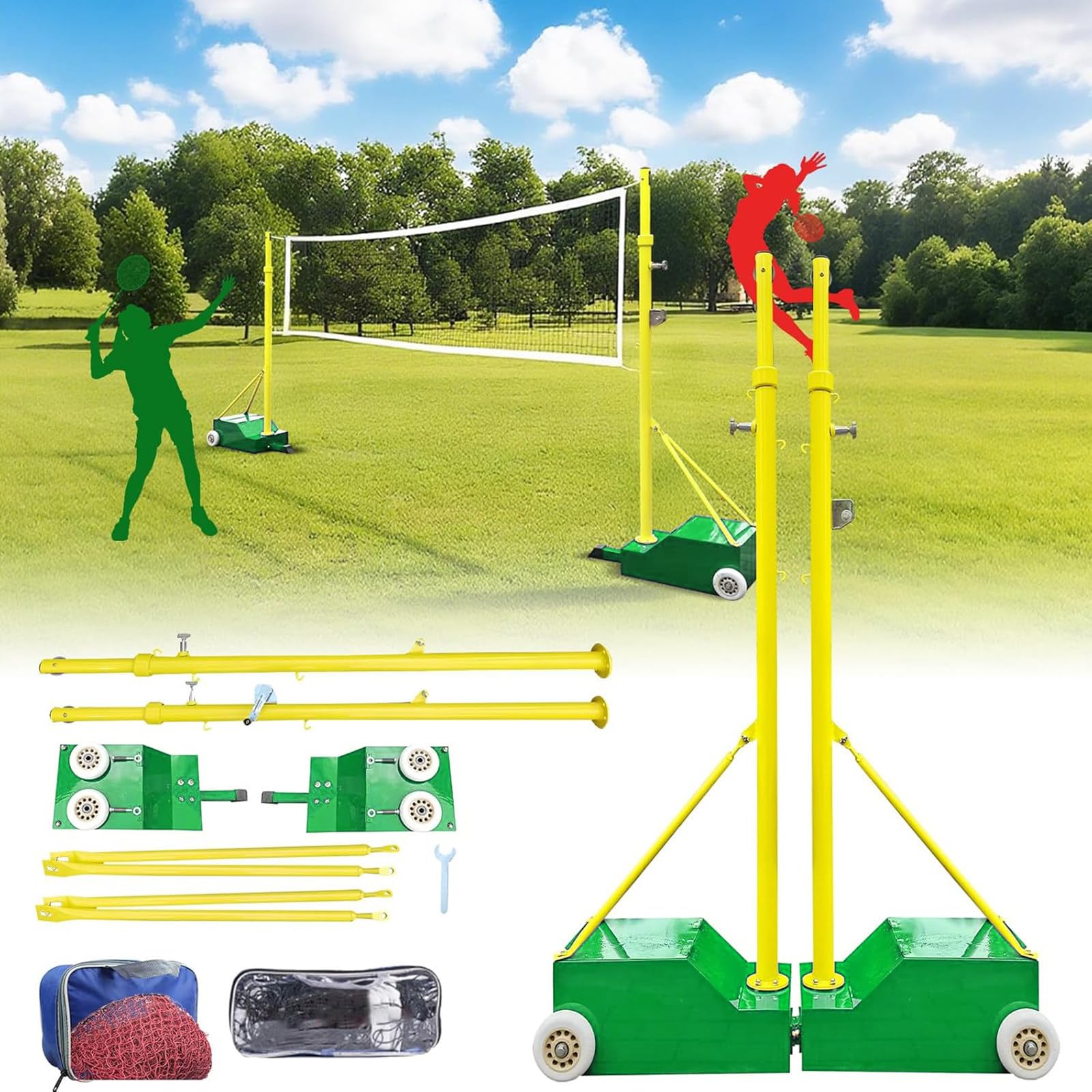 Rete portatile per allenamento badminton con pali da pallavolo, altezza regolabile, telaio in acciaio e rete in PE, per cortile, spiaggia