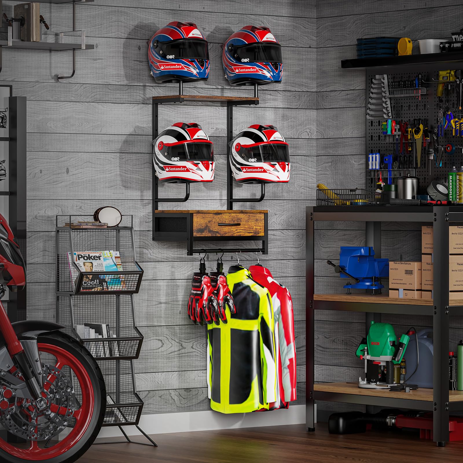 Porta Casco Moto da Parete per 4 Caschi, Appendi per Caschi con un Ripiano In Legno, Versatile Accessori Moto Uomo per Calcio, Baseball, Garage (Nero)